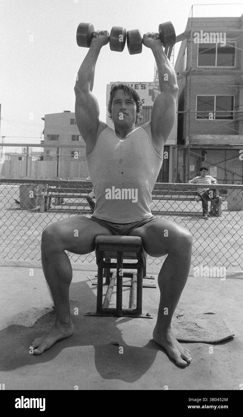 06 lug 1979; Venice Beach, CA, USA; il bodybuilder professionista ARNOLD SCHWARZENEGGER lavora alla famosa Muscle Beach. Nato in un piccolo villaggio in Austria, Arnold iniziò ad allenarsi con i pesi in giovane età e presto raggiunse la vetta come campione di bodybuilding. La sua pausa nella recitazione è arrivata nel film di successo del 1982 "Conan the Barbarian". Da Conan, Arnold ha mantenuto una lunga carriera come attore. Arnold è stato attivo nella politica degli Stati Uniti a partire dai primi anni '80 e da allora è stato votato come governatore della California a causa di un controverso richiamo dell'ex governatore Gray Davis. (Crediti Foto Stock