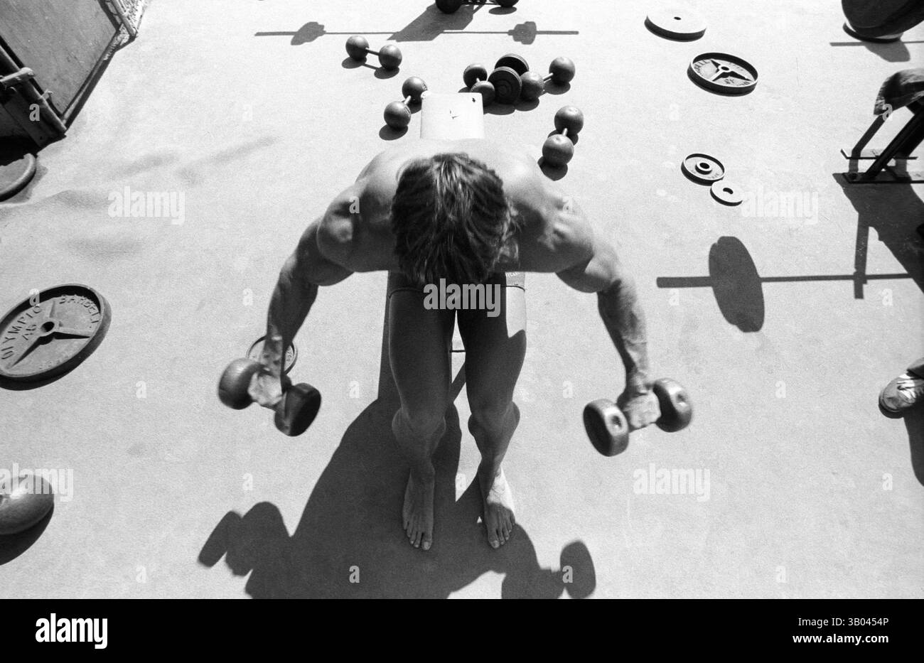 06 lug 1979; Venice Beach, CA, USA; il bodybuilder professionista ARNOLD SCHWARZENEGGER lavora alla famosa Muscle Beach. Nato in un piccolo villaggio in Austria, Arnold iniziò ad allenarsi con i pesi in giovane età e presto raggiunse la vetta come campione di bodybuilding. La sua pausa nella recitazione è arrivata nel film di successo del 1982 "Conan the Barbarian". Da Conan, Arnold ha mantenuto una lunga carriera come attore. Arnold è stato attivo nella politica degli Stati Uniti a partire dai primi anni '80 e da allora è stato votato come governatore della California a causa di un controverso richiamo dell'ex governatore Gray Davis. (Crediti Foto Stock