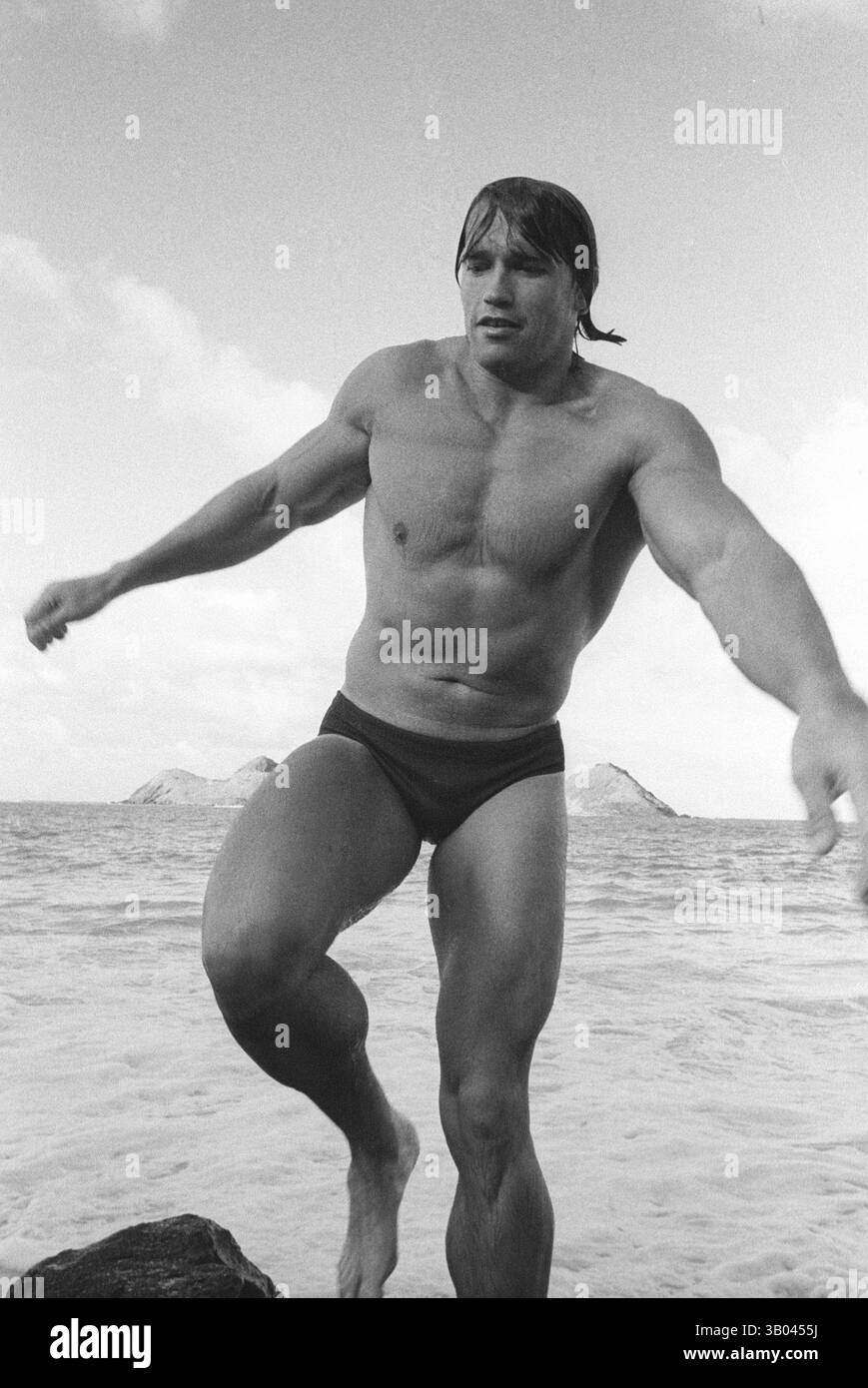 26 giugno 1979; Honolulu, HI, Stati Uniti; il bodybuilder professionista ARNOLD SCHWARZENEGGER esce dall'acqua indossando un paio di costumi da bagno "speedo". Nato in un piccolo villaggio in Austria, Arnold iniziò ad allenarsi con i pesi in giovane età e presto raggiunse la vetta come campione di bodybuilding. La sua pausa nella recitazione è arrivata nel film di successo del 1982 "Conan the Barbarian". Da Conan, Arnold ha mantenuto una lunga carriera come attore. Arnold è stato attivo nella politica degli Stati Uniti a partire dai primi anni '80 e da allora è stato votato come governatore della California per mezzo di un controverso richiamo dell'ex G Foto Stock