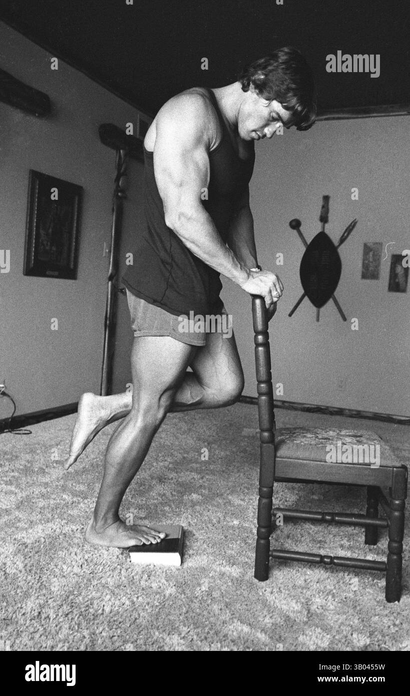 08 luglio 1979; Los Angeles, CA, Stati Uniti; il bodybuilder professionista ARNOLD SCHWARZENEGGER si occupa dei muscoli del polpaccio. Nato in un piccolo villaggio in Austria, Arnold iniziò ad allenarsi con i pesi in giovane età e presto raggiunse la vetta come campione di bodybuilding. La sua pausa nella recitazione è arrivata nel film di successo del 1982 "Conan the Barbarian". Da Conan, Arnold ha mantenuto una lunga carriera come attore. Arnold è stato attivo nella politica degli Stati Uniti a partire dai primi anni '80 e da allora è stato votato come governatore della California a causa di un controverso richiamo dell'ex governatore Gray Davis. (Immagine di credito: © Foto Stock