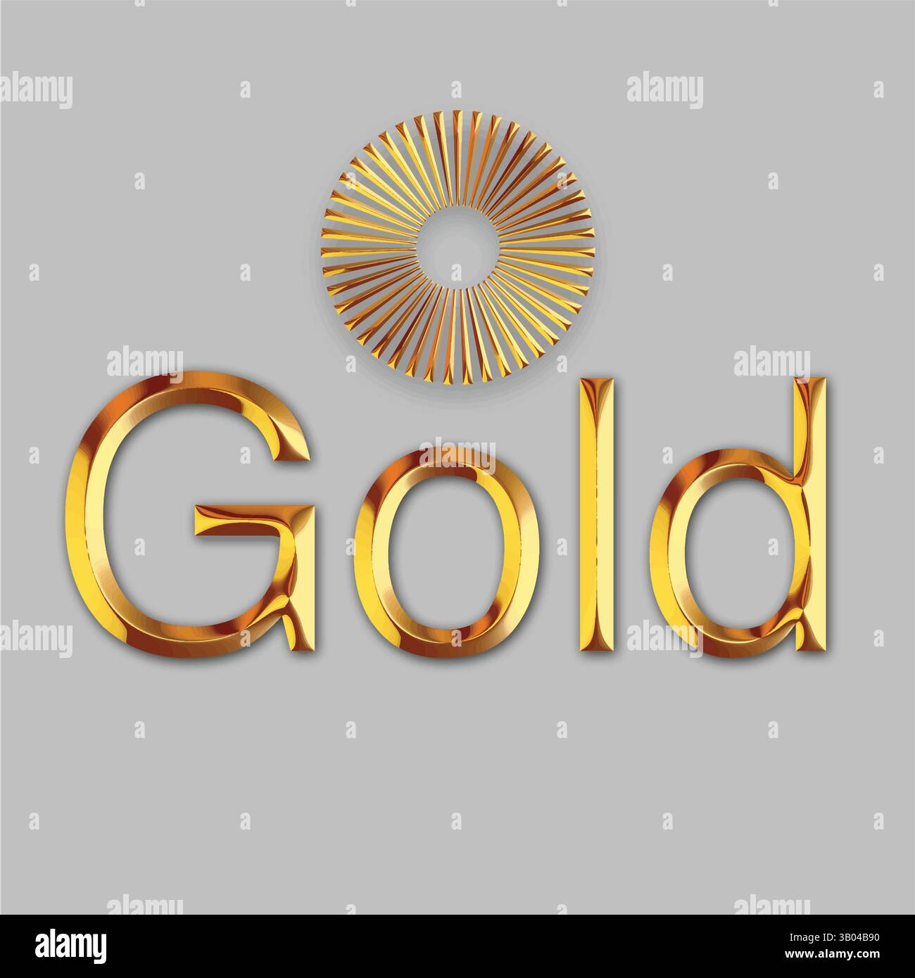 "Oro" in un brillante font 3D metallizzato, su un elegante sfondo grigio. Sopra il testo, un design radioso Sunburst esalta il lusso e l'eleganza. Illustrazione Vettoriale