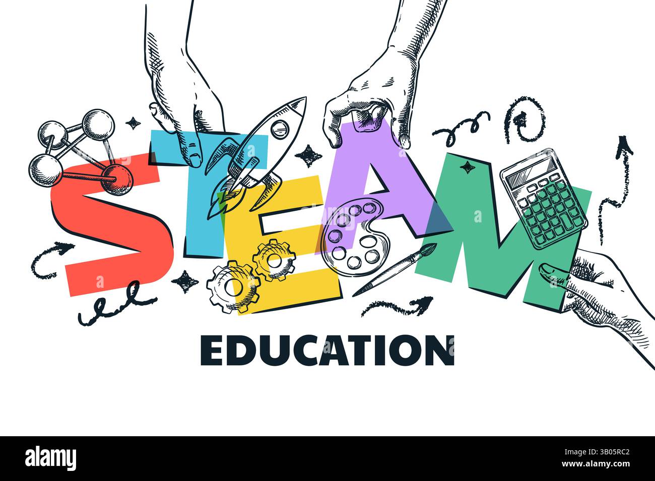 Concetto di istruzione STEM e STEAM School. Lettere vivaci in mani umane. Disegno vettoriale a mano illustrazione di scienza, tecnologia, ingegneria, ar Illustrazione Vettoriale
