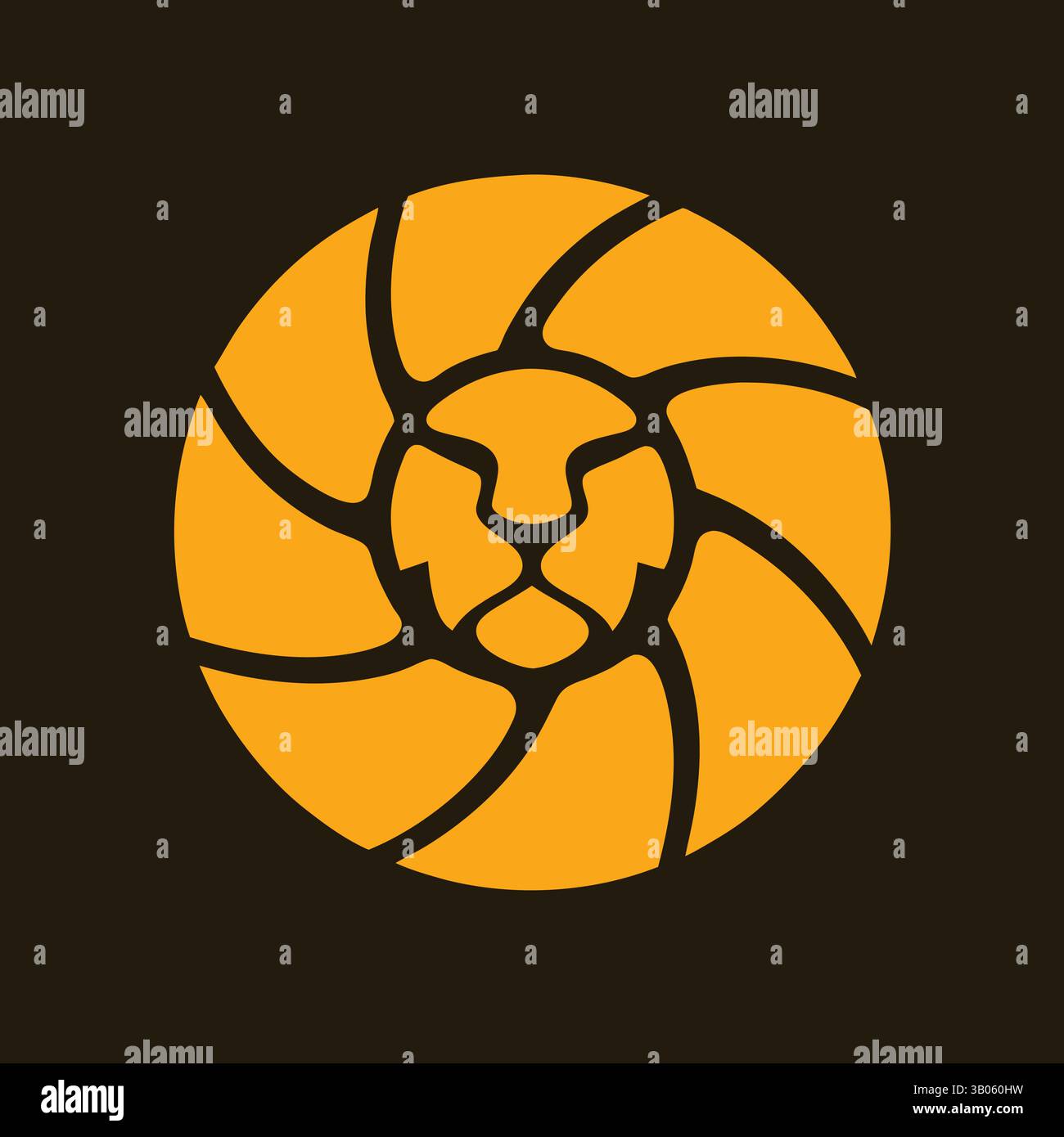 Immagine di una testa di leone stilizzata all'interno di un emblema circolare con segmenti irradiati su uno sfondo scuro Illustrazione Vettoriale