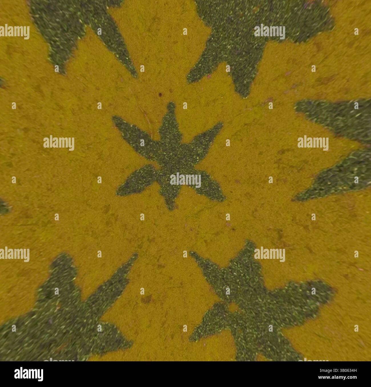 Un vivace motivo di foglie a forma di stella sparse su una superficie testurizzata, che crea un vivace contrasto con il caldo sfondo. Un design circolare con sfondo giallo testurizzato ornato da motivi verdi a forma di stella. Arte classica con un tocco moderno reinventata da Artotop, decorazione cinese trasformata, arte classica con un tocco moderno reinventata da Artotop Foto Stock