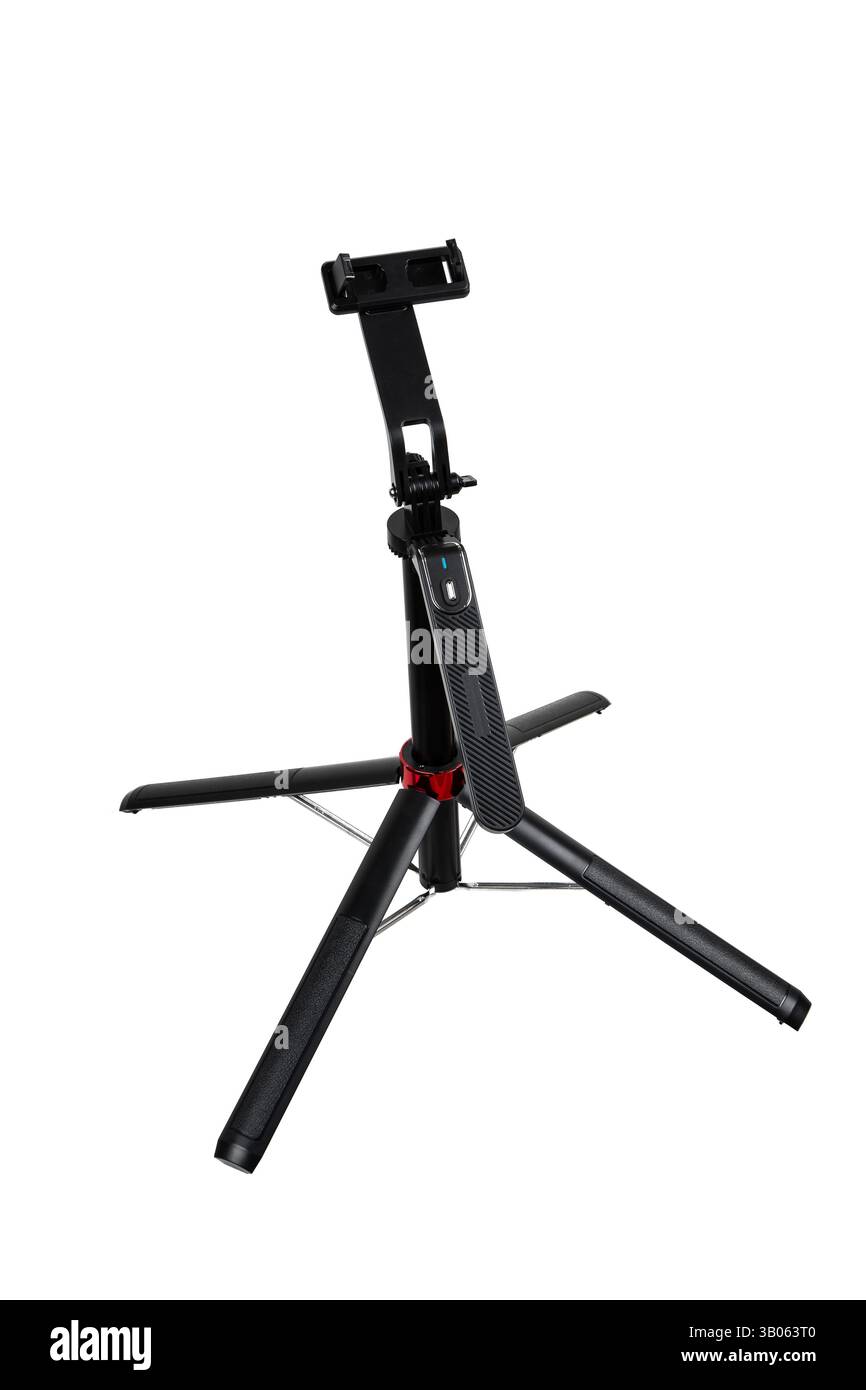 Treppiede regolabile con supporto per smartphone e telecomando Bluetooth Foto Stock