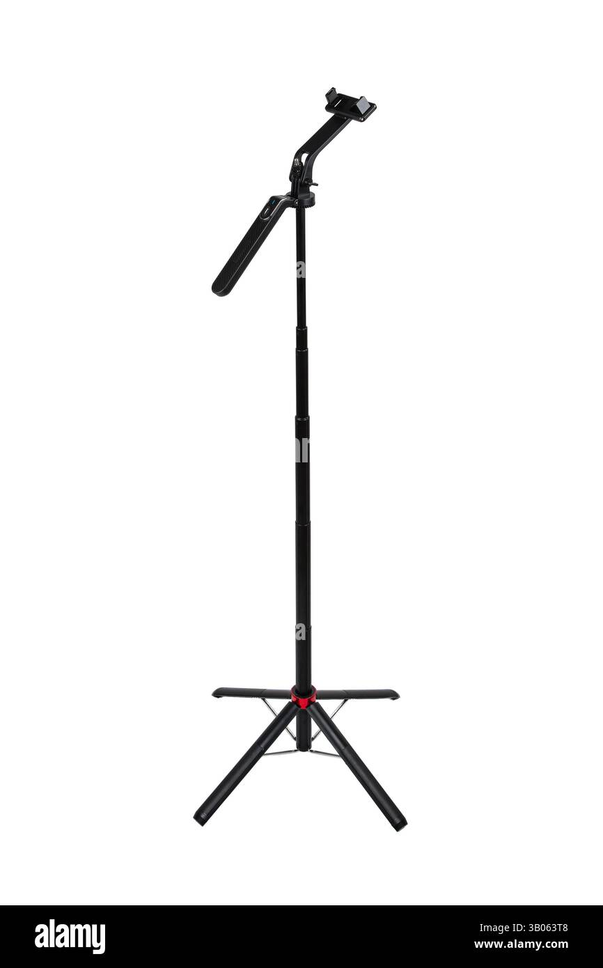 Treppiede regolabile con supporto per smartphone e telecomando Bluetooth Foto Stock