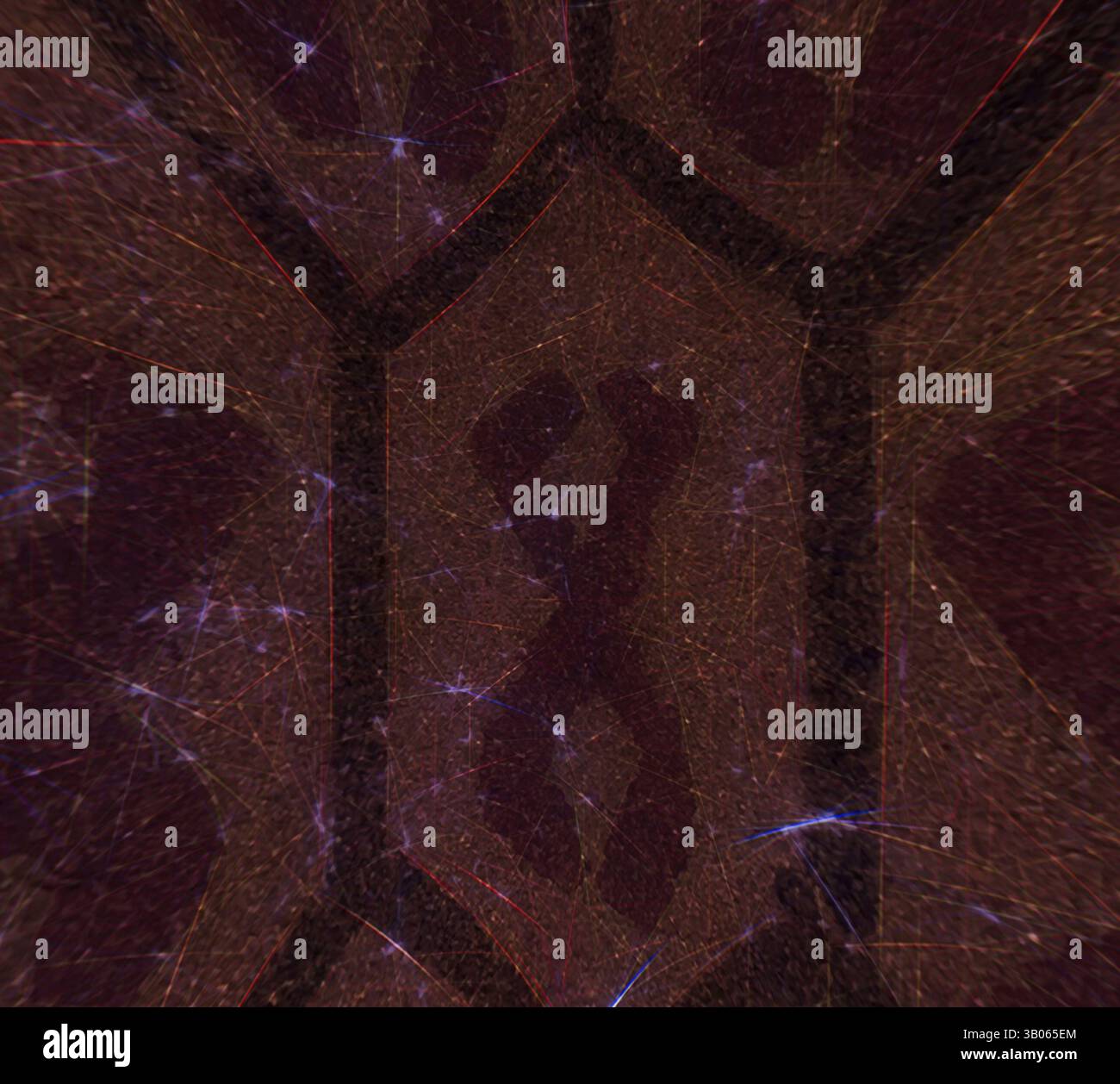 Un intricato motivo di forme scure e fili vivaci crea un ipnotico arazzo visivo, che assomiglia a una rete cosmica o a un'opera d'arte astratta, invitando l'esplorazione nelle profondità e nelle dimensioni. Un oggetto circolare caratterizzato da un pattern ripetitivo e intricato di forme allungate disposte all'interno di un design a nido d'ape, che combina toni terrosi profondi con sottili contrasti. Arte classica con un tocco moderno reinventata da Artotop, decorazione cinese trasformata, arte classica con un tocco moderno reinventata da Artotop Foto Stock