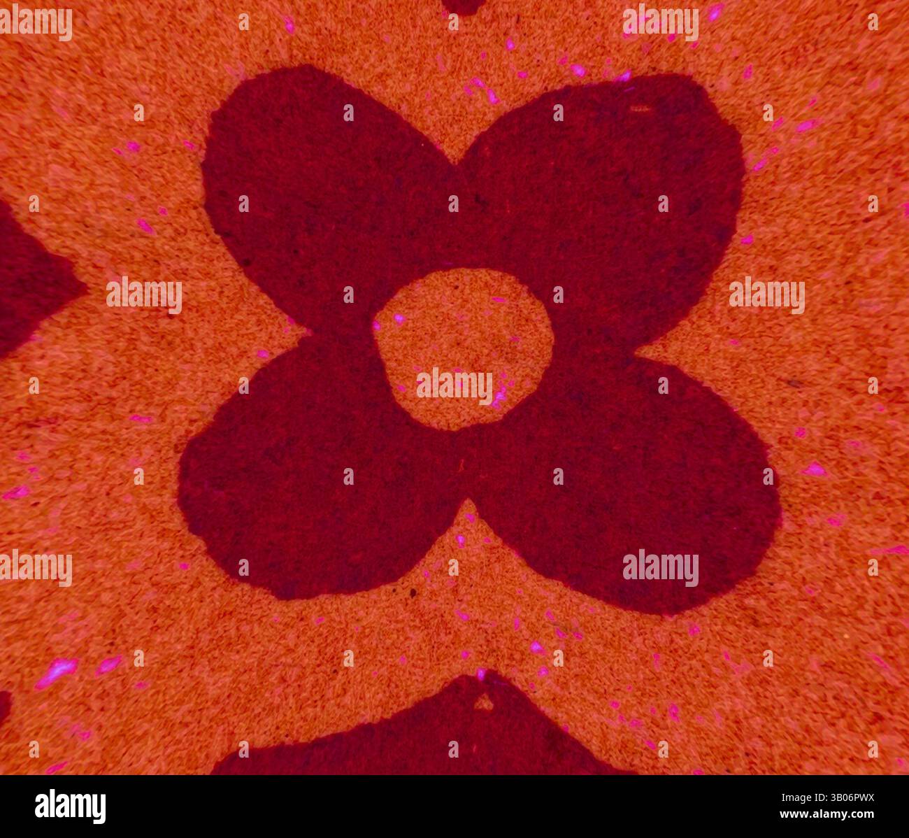 Un audace design floreale stilizzato domina la scena, caratterizzato da grandi petali di rosso intenso su uno sfondo testurizzato, intervallati da macchie sparse di colori vivaci. Un design circolare caratterizzato da vivaci fiori arancioni e rossi, circondato da un motivo decorativo che crea un'estetica vivace e stravagante. Arte classica con un tocco moderno reinventata da Artotop, trasformata in Mediæval ornamento, arte classica con un tocco moderno reinventata da Artotop Foto Stock