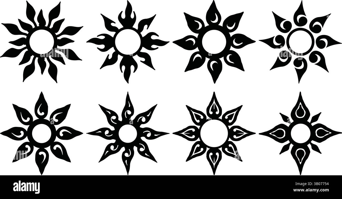 Disegni del sole tribale - simboli solari astratti e arte decorativa Illustrazione Vettoriale