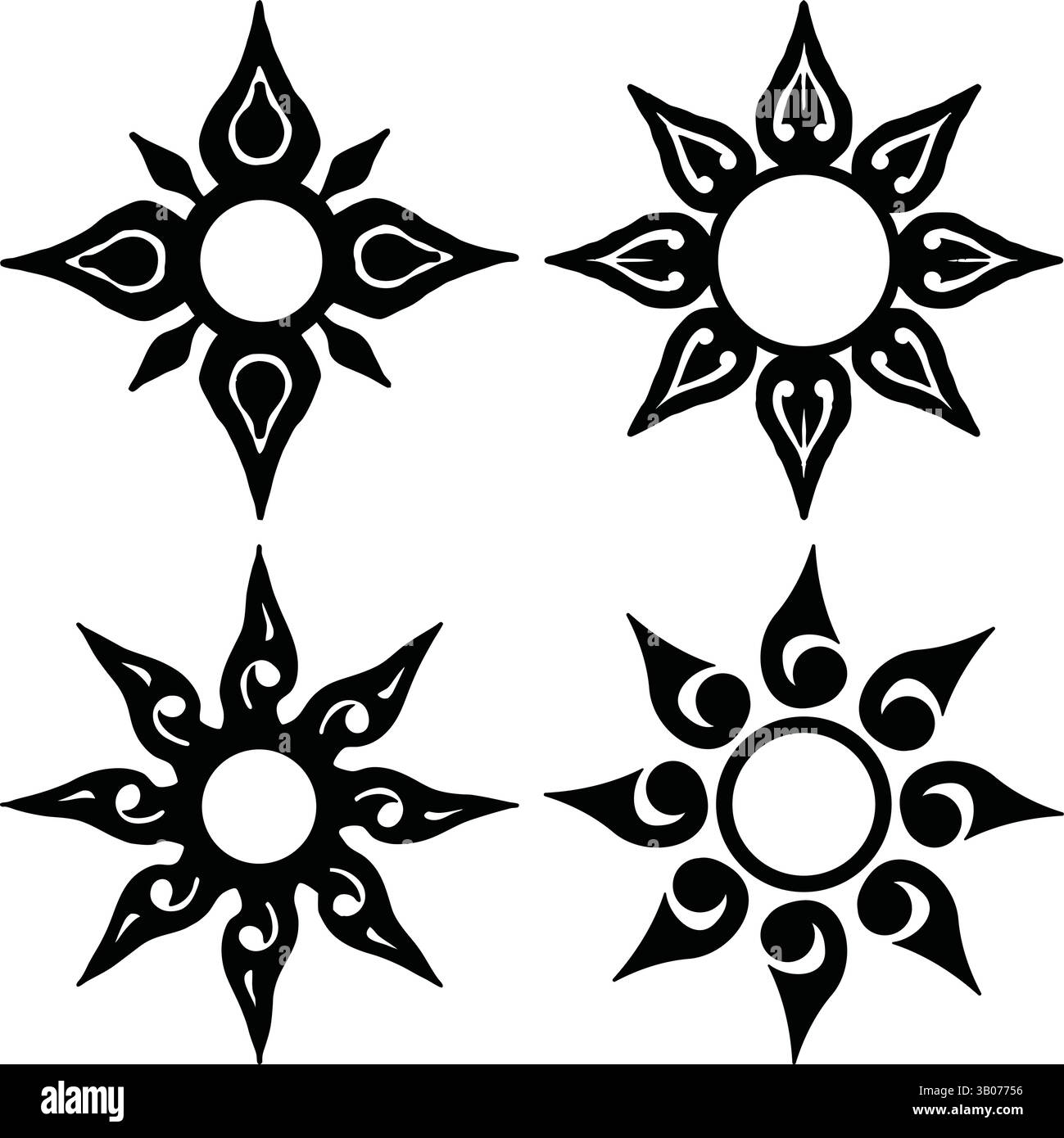 Disegni del sole tribale - simboli solari astratti e arte decorativa Illustrazione Vettoriale