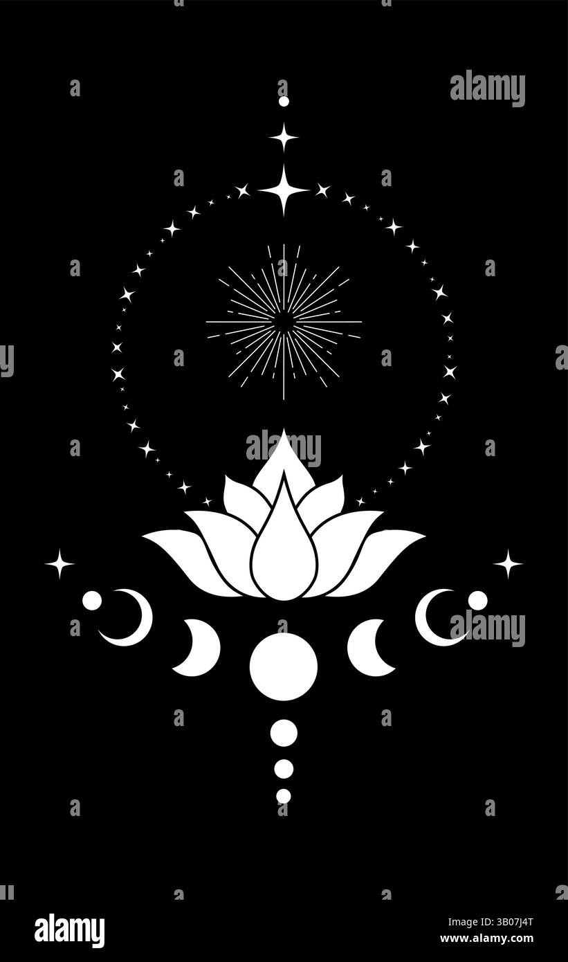 Design del logo Mystical Crescent Moon e Sacred Lotus Flower with Stars Moon Phases. Magia floreale clipart celeste di yoga, spa, salone di bellezza, cosmetica Illustrazione Vettoriale