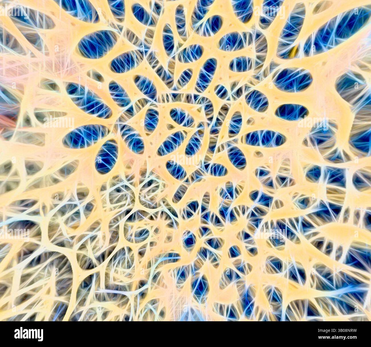 Una complessa rete di forme organiche che si intrecciano, caratterizzata da un vivace gioco di luce e colore che crea un senso di profondità e movimento. I motivi intricati evocano un senso di bellezza naturale e di interconnessione. Un design circolare caratterizzato da motivi intricati nelle tonalità del blu e del giallo, sfoggia un'armoniosa miscela di motivi floreali e forme geometriche. La composizione presenta un vivace mix di linee vorticose ed elementi strutturati, creando una texture visivamente ricca. Arte classica con un tocco moderno reinventata da Artotop, tessuti francesi trasformati, prima metà del diciannovesimo secolo Foto Stock