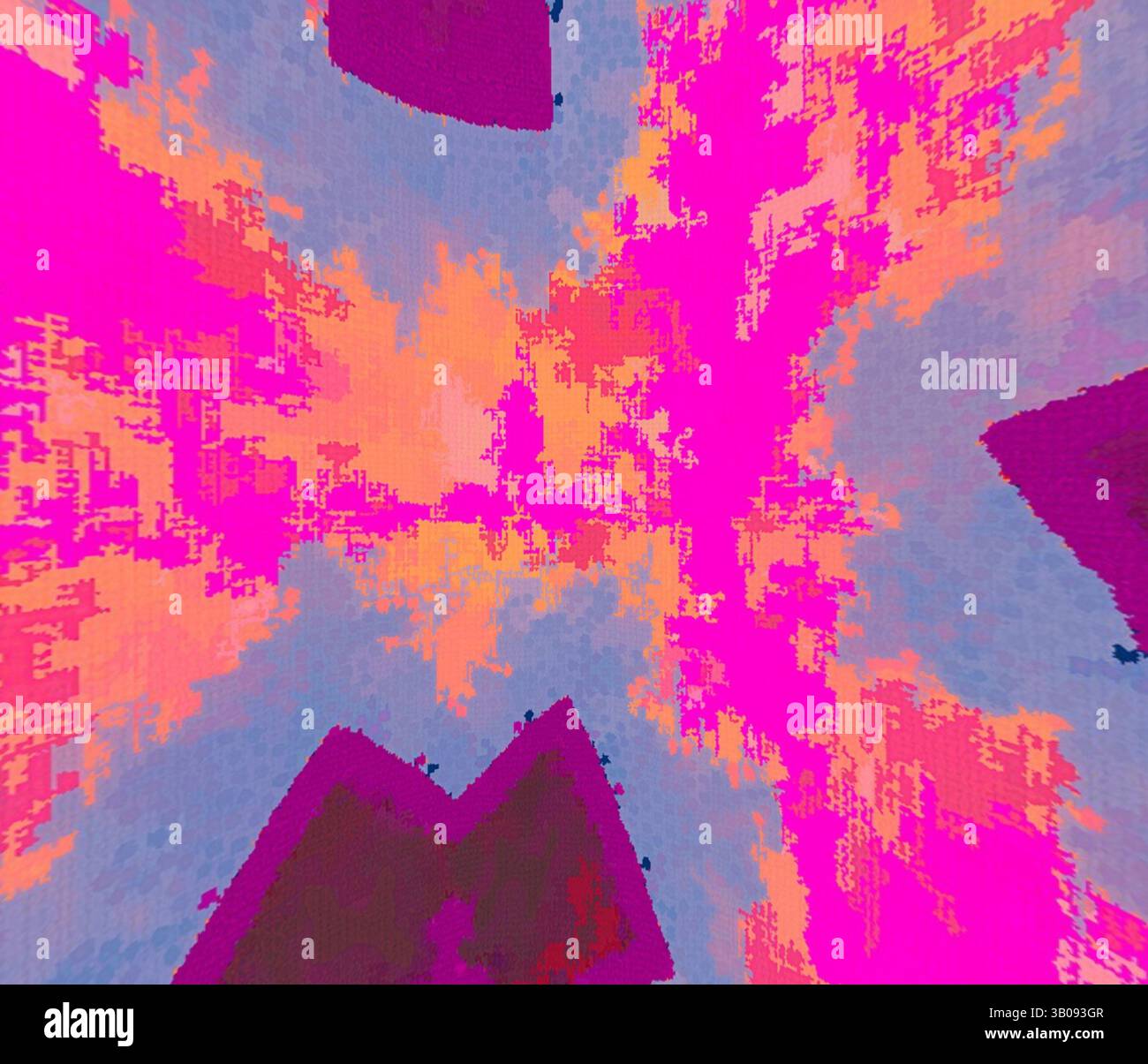 Una vivace esplosione di colori con motivi dinamici, che fondono sfumature di rosa, arancione e blu, creando un'atmosfera astratta ed energica. Un vivace design circolare con uno sfondo testurizzato di tonalità rosa e viola, accentuato da quattro forme di camicia stilizzate in una tonalità più profonda di viola, creando una composizione visiva giocosa e astratta. Arte classica con un tocco moderno reinventata da Artotop, tessuti francesi trasformati, prima metà del XIX secolo, arte classica con un tocco moderno reinventata da Artotop Foto Stock