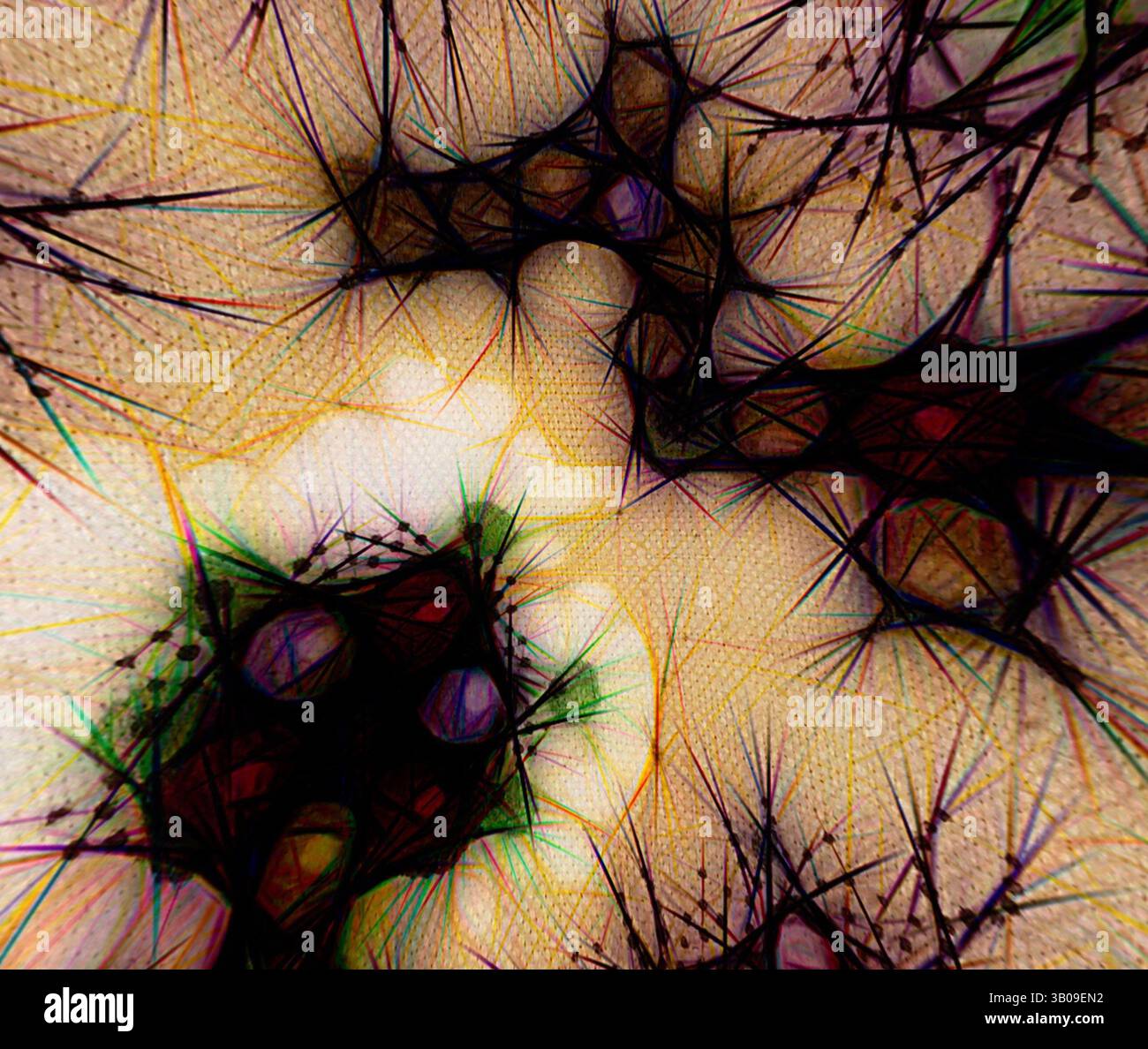 Un intricato intreccio di linee e forme vivaci si intreccia, mostrando una dinamica interazione di colori e texture che crea una composizione astratta e organica. Il design evoca un senso di movimento e profondità, attirando lo spettatore nei suoi complessi motivi., Una rappresentazione accattivante e astratta di una forma circolare, caratterizzata da motivi intricati e colori vibranti e vorticosi che evocano un senso di complessità e profondità, somigliante a una struttura cosmica o organica. Arte classica con un tocco moderno reinventata da Artotop, tessuti francesi trasformati, prima metà del XIX secolo, arte classica Foto Stock