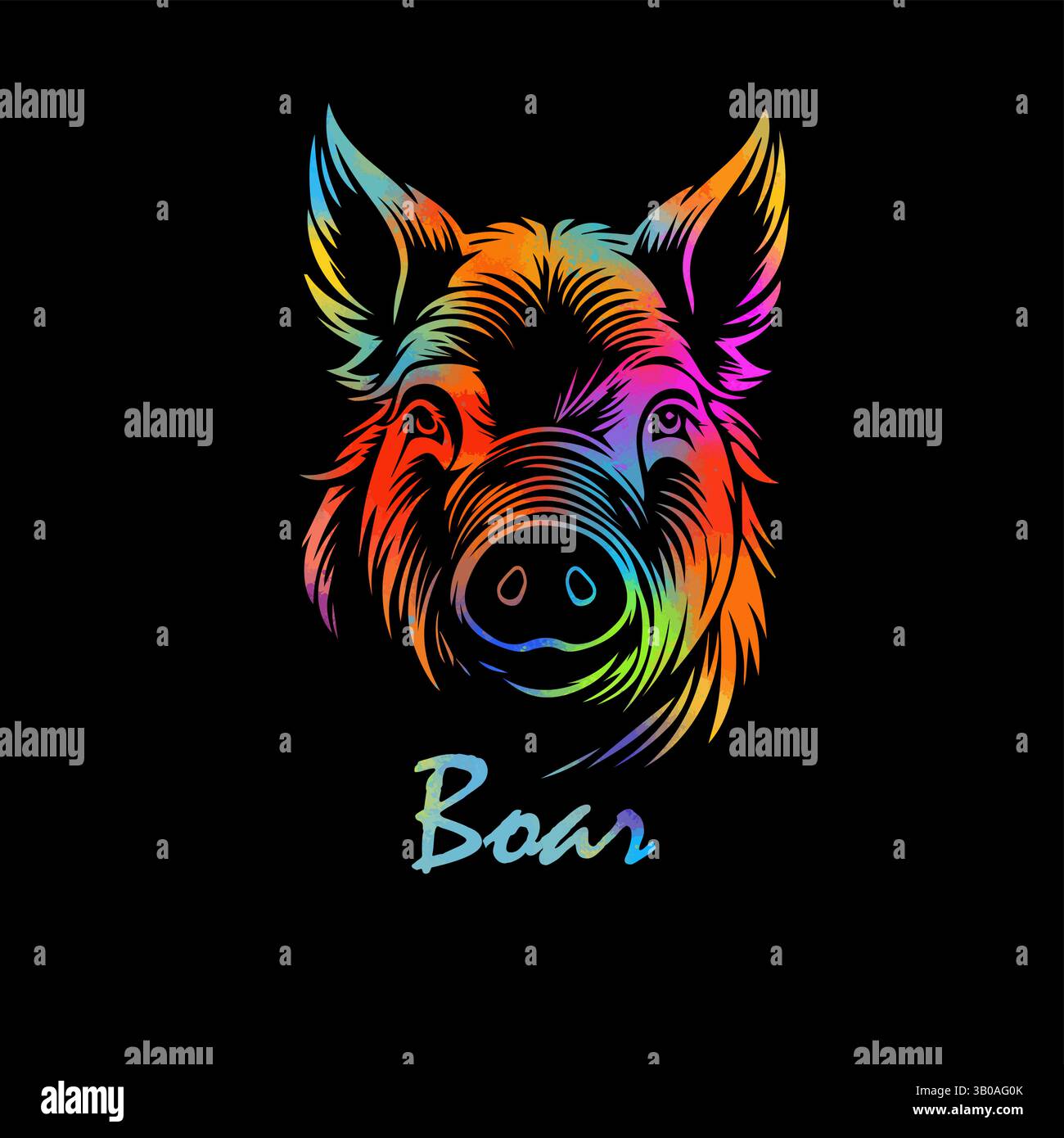 Testa colorata di cinghiale su sfondo nero. disegno a mano. Non ai, illustrazione vettoriale Illustrazione Vettoriale