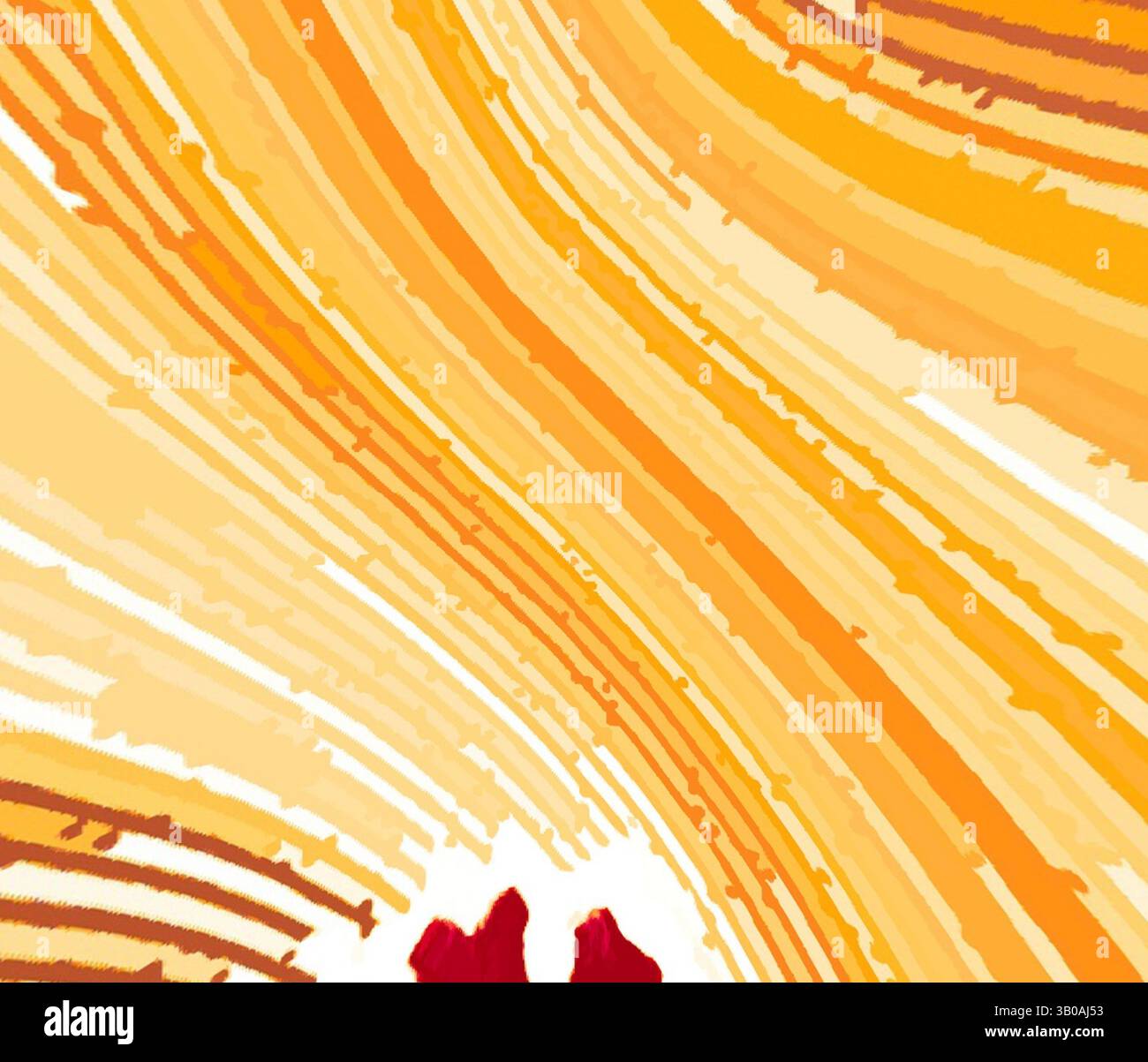 Un turbinio vibrante di colori caldi, con sfumature di arancione e giallo, che convergono verso un elemento centrale rosso più profondo che aggiunge contrasto e profondità alla composizione. Un design circolare caratterizzato da calde tonalità dorate e linee testurizzate, accentuate da spruzzi di rosso intenso e tonalità terrose che suggeriscono la bellezza della natura. Arte classica con un tocco moderno reinventata da Artotop, tessuti francesi trasformati, prima metà del XIX secolo, arte classica con un tocco moderno reinventata da Artotop Foto Stock
