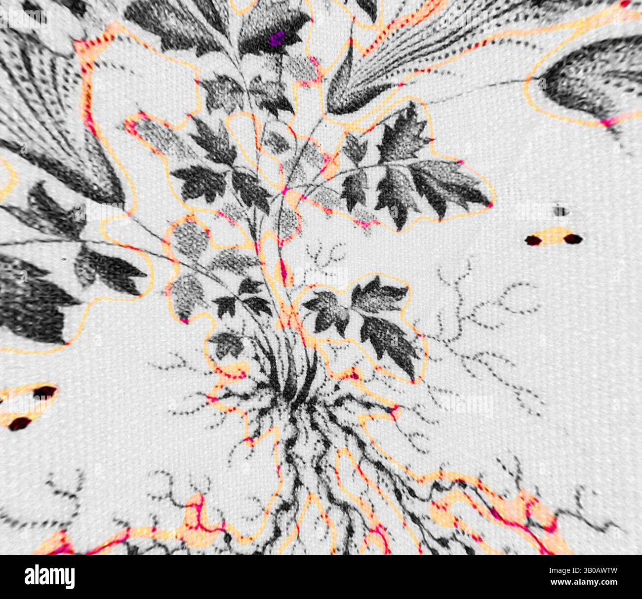 Un design intricato caratterizzato da delicate foglie e radici, accentuato da vivaci contorni arancioni e piccoli insetti, crea un'accattivante interazione tra natura ed espressione artistica. Un delicato motivo caratterizzato da intricati disegni floreali e botanici intrecciati a forme geometriche astratte, che mettono in mostra un mix di natura e creatività artistica. Arte classica con un tocco moderno reinventata da Artotop, tessuti francesi trasformati, prima metà del XIX secolo, arte classica con un tocco moderno reinventata da Artotop Foto Stock