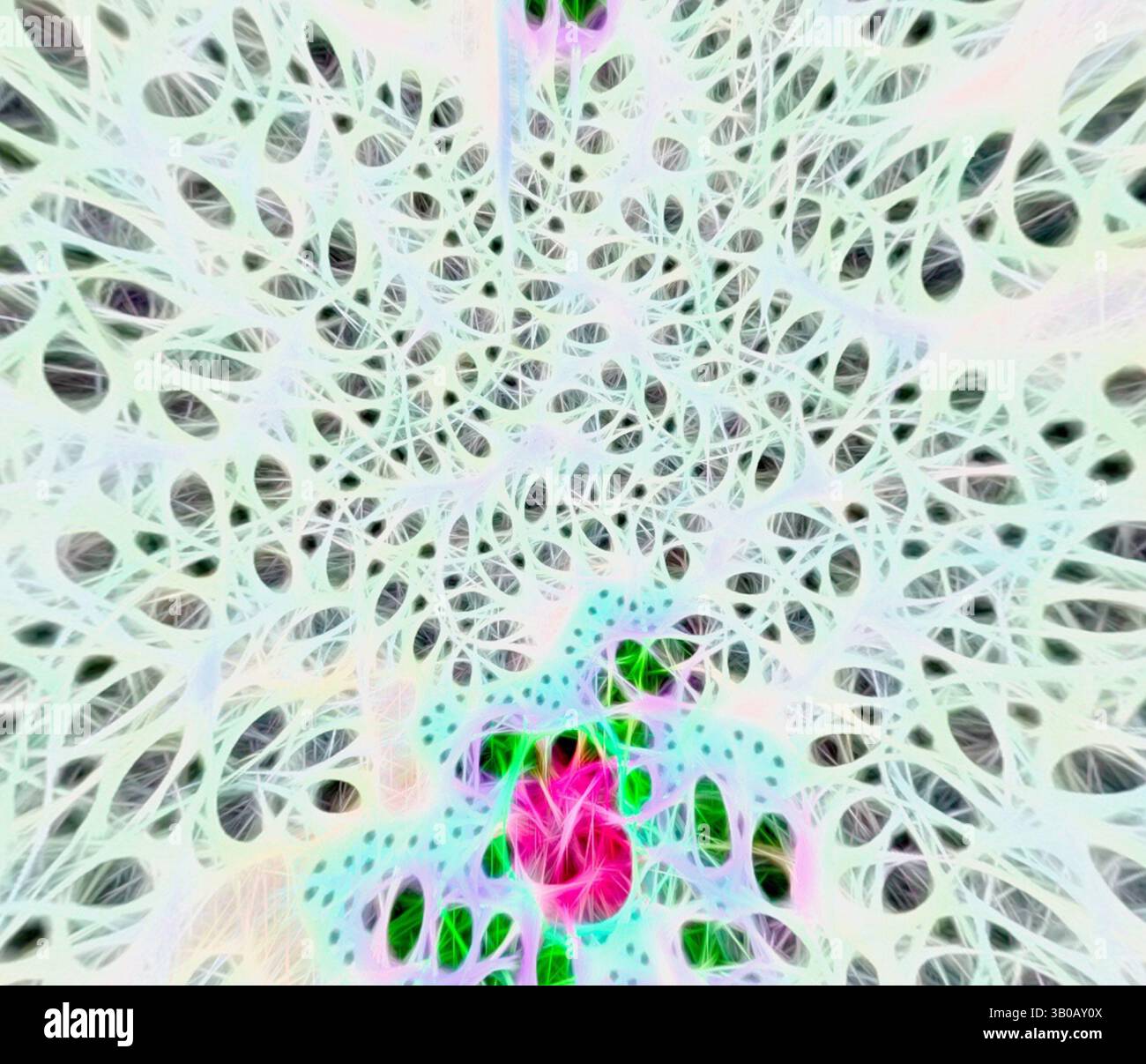 Una complessa e intricata rete di motivi con colori vivaci intervallati, che creano un'esperienza visiva affascinante e astratta. Un design circolare caratterizzato da intricati motivi di foglie e fiori, che fondono sfumature di verde e rosa su uno sfondo chiaro. La disposizione crea un aspetto delicato e armonioso, evocando un senso di bellezza della natura. Arte classica con un tocco moderno reinventata da Artotop, tessuti francesi trasformati, prima metà del XIX secolo, arte classica con un tocco moderno reinventata da Artotop Foto Stock