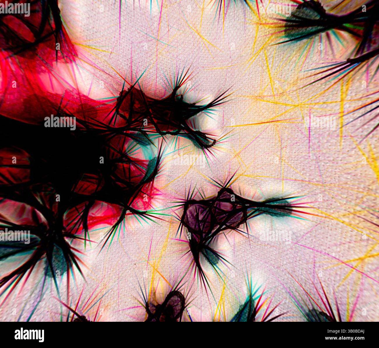 Una visualizzazione vibrante e astratta di forme e texture intrecciate, caratterizzata da motivi dinamici con bordi netti e una miscela di colori intensi, che creano un senso di profondità e movimento. Una rappresentazione vibrante e astratta con motivi e trame intricati, che assomigliano a una struttura cosmica o biologica, con una miscela di colori che creano un senso di profondità e movimento. Arte classica con un tocco moderno reinventata da Artotop, tessuti francesi trasformati, prima metà del XIX secolo, arte classica con un tocco moderno reinventata da Artotop Foto Stock