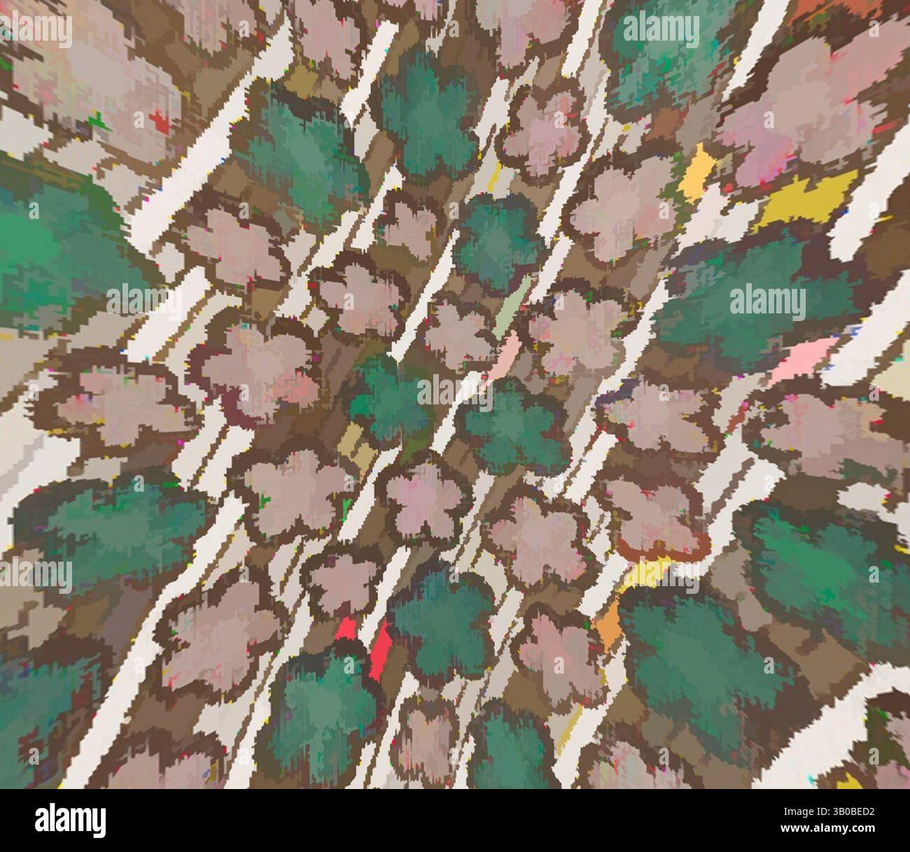 Un campo vibrante di fiori stilizzati in varie sfumature di rosa e verde, intervallato da sfumature di giallo, crea un'atmosfera dinamica e giocosa. La composizione sembra volgere, attirando l'occhio più a fondo nella disposizione colorata. Un motivo intricato caratterizzato da un design ripetuto di forme floreali, mescolando sfumature di verde, rosa e terrose, creando un aspetto testurizzato e a strati. Arte classica con un tocco moderno reinventata da Artotop, tessuti francesi trasformati, prima metà del XIX secolo, arte classica con un tocco moderno reinventata da Artotop Foto Stock