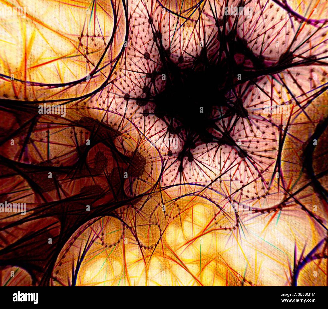 Un intricato reticolo di linee vibranti e motivi vorticosi converge in un punto centrale scuro, creando un senso di movimento e complessità, che ricorda un paesaggio cosmico o un'immersione profonda nell'arte astratta. Un intricato modello caratterizzato da linee e forme vorticose in tonalità d'oro, marrone e nero, che si irradia da un punto centrale, creando una composizione astratta e affascinante. Arte classica con un tocco moderno reinventata da Artotop, tessuti francesi trasformati, prima metà del XIX secolo, arte classica con un tocco moderno reinventata da Artotop Foto Stock