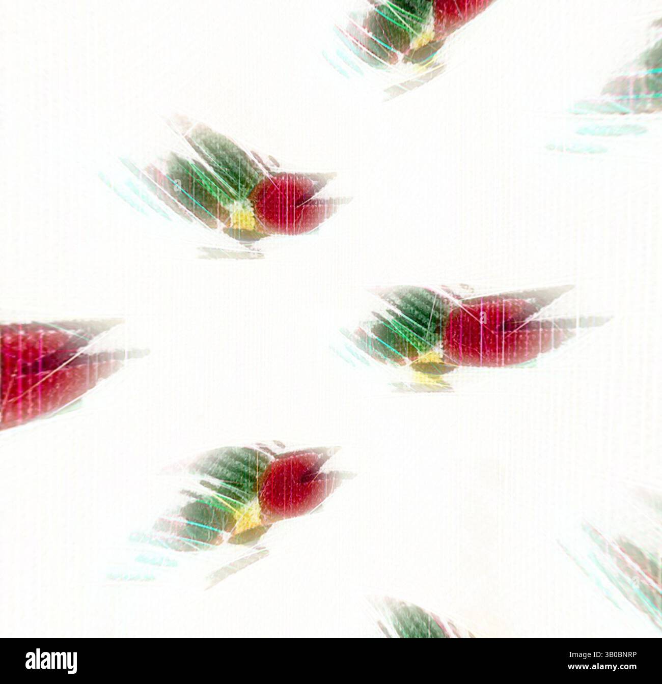 Un motivo stravagante caratterizzato da vivaci uccelli rossi in movimento, su uno sfondo morbido e chiaro. Il design crea un senso di vivacità e fluidità, con gli uccelli che sembrano sfrecciare attraverso lo spazio. Un motivo circolare presenta piccole fragole rosse vibranti con foglie verdi, disposte su uno sfondo bianco, creando un design allegro e giocoso. Arte classica con un tocco moderno reinventata da Artotop, tessuti francesi trasformati, prima metà del XIX secolo, arte classica con un tocco moderno reinventata da Artotop Foto Stock