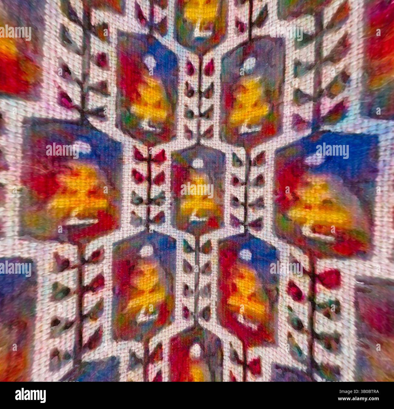Un tessuto vivace caratterizzato da motivi intricati con motivi colorati e design audaci, che creano un effetto visivo vivace e ritmico. Un motivo vivace caratterizzato da forme geometriche ripetute adornate da alberi stilizzati ed elementi colorati, crea una texture visiva accattivante. Arte classica con un tocco moderno reinventata da Artotop, tessuti francesi trasformati, prima metà del XIX secolo, arte classica con un tocco moderno reinventata da Artotop Foto Stock