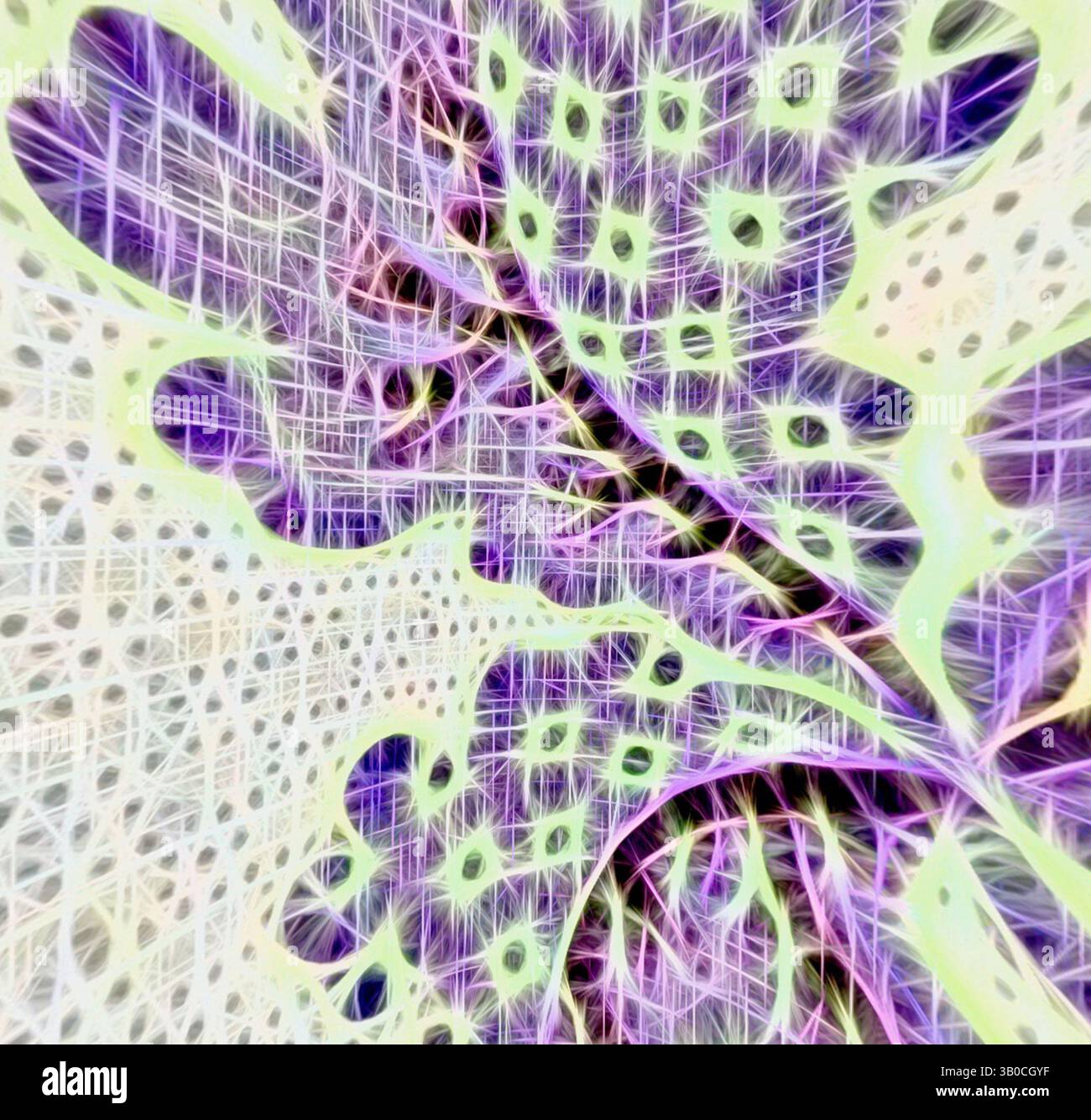 Un design intricato presenta foglie stilizzate con vivaci motivi geometrici, sfumature di viola e verde che creano una fusione dinamica di elementi naturali e arte astratta. Una foglia delicata con motivi intricati, su uno sfondo morbido e testurizzato, presenta una miscela di forme organiche e tonalità vivaci. Arte classica con un tocco moderno reinventata da Artotop, tessuti francesi trasformati, prima metà del XIX secolo, arte classica con un tocco moderno reinventata da Artotop Foto Stock