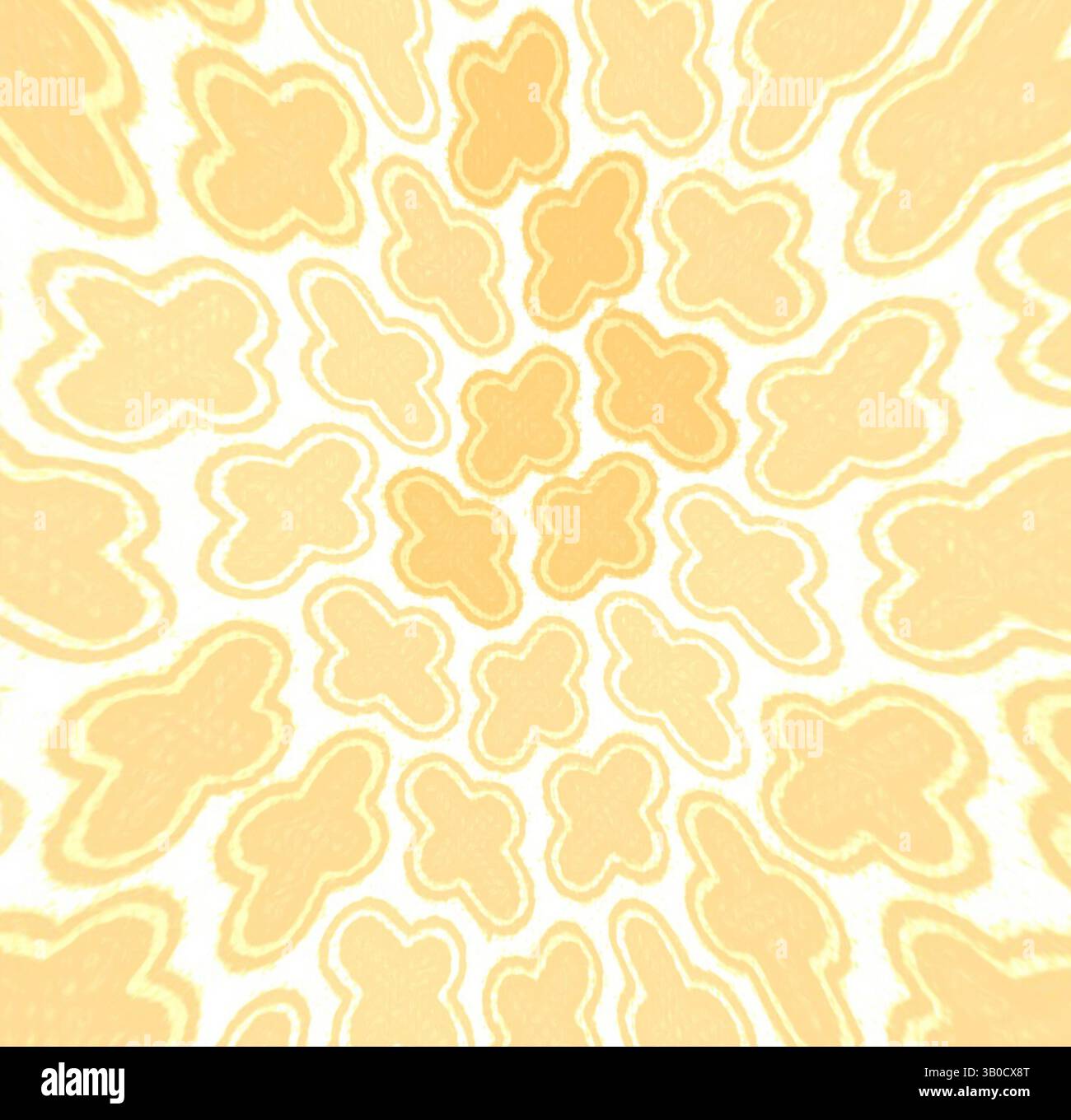 Un motivo vivace caratterizzato da numerose forme astratte che ricordano i fiori, il design si irradia verso l'esterno, creando un senso di movimento ed energia. Le sfumature morbide si fondono perfettamente, migliorando la leggerezza e il flusso generale. Un motivo circolare caratterizzato da un design complesso e ripetitivo con sfumature gialle morbide e forme eleganti che ricordano motivi floreali. Arte classica con un tocco moderno reinventata da Artotop, tessuti francesi trasformati, prima metà del XIX secolo, arte classica con un tocco moderno reinventata da Artotop Foto Stock