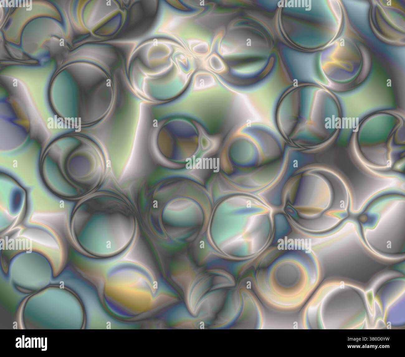 La grafica vettoriale enfatizza cerchi astratti, anelli e connessioni in più colori. Lo sfondo è accattivante e mostra lenti di ingrandimento o lenti di ingrandimento. Foto Stock