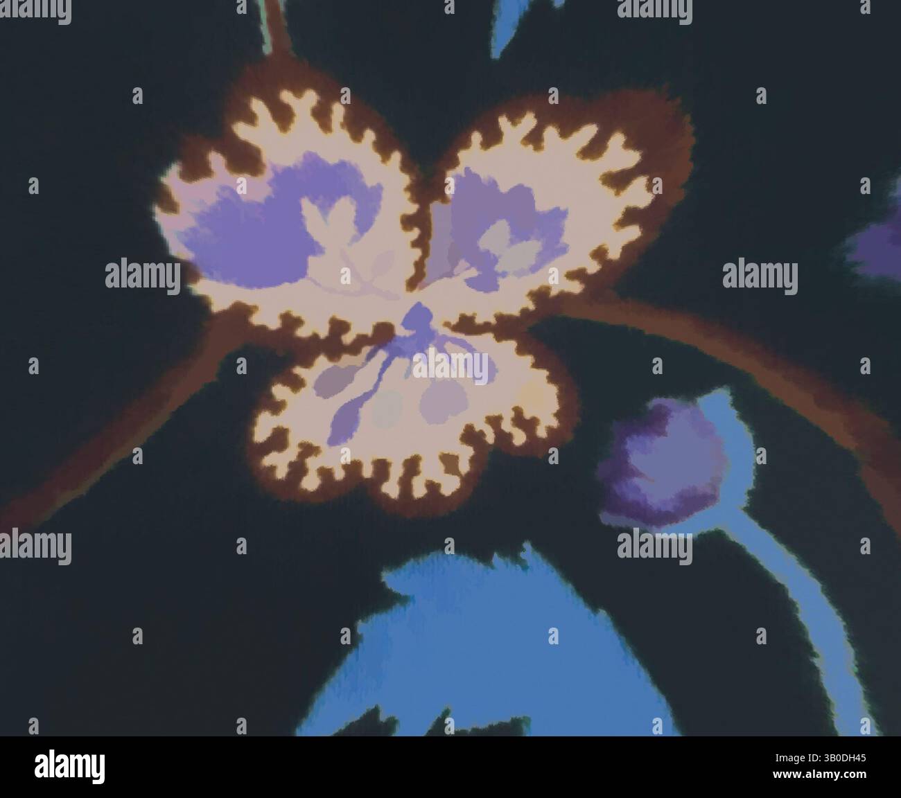 Una vibrante e stilizzata rappresentazione di un fiore, con grandi petali in sfumature di viola e crema, circondati da fogliame astratto in colori contrastanti. La composizione enfatizza la bellezza e la complessità della natura. Un motivo circolare caratterizzato da vivaci disegni floreali, con foglie intricate e fiori colorati su uno sfondo scuro, creando una composizione vivace e vivace. Arte classica con un tocco moderno reinventata da Artotop, tessuti francesi trasformati, prima metà del XIX secolo, arte classica con un tocco moderno reinventata da Artotop Foto Stock