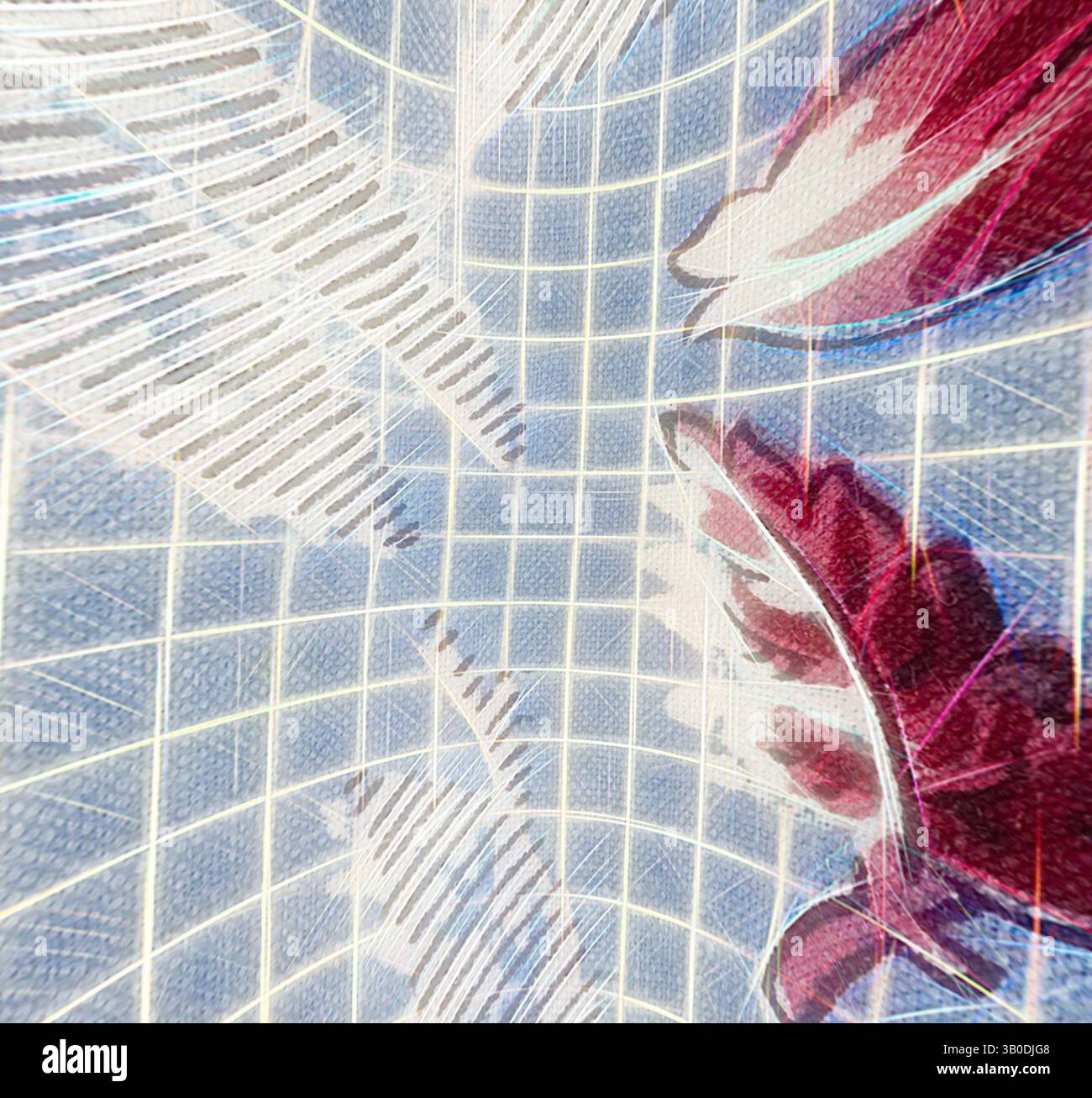 Un design intricato caratterizzato da vivaci motivi floreali intrecciati a una griglia geometrica, crea un'interazione dinamica tra forme organiche e linee strutturate. Un design circolare con motivi floreali in tonalità vivaci, circondato da uno sfondo di delicati fiori viola e viti dorate intrecciate. La combinazione crea un'estetica ricca e strutturata con un senso di profondità e una bellezza organica. Arte classica con un tocco moderno reinventata da Artotop, tessuti francesi trasformati, prima metà del XIX secolo, arte classica con un tocco moderno reinventata da Artotop Foto Stock