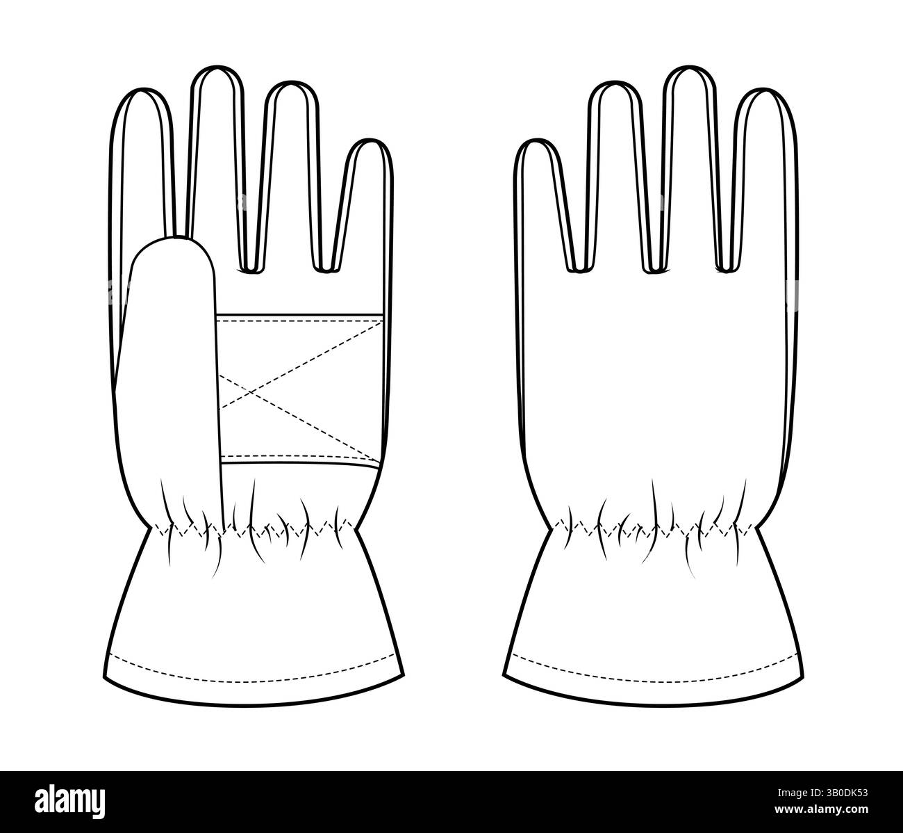 Guanti da sci Igloos Insulated Core Fashion accessori per la mano indumenti per illustrazione tecnica. Vista posteriore del palmo frontale vettoriale per uomo, donna, modello piatto unisex, contorno del disegno su bianco Illustrazione Vettoriale