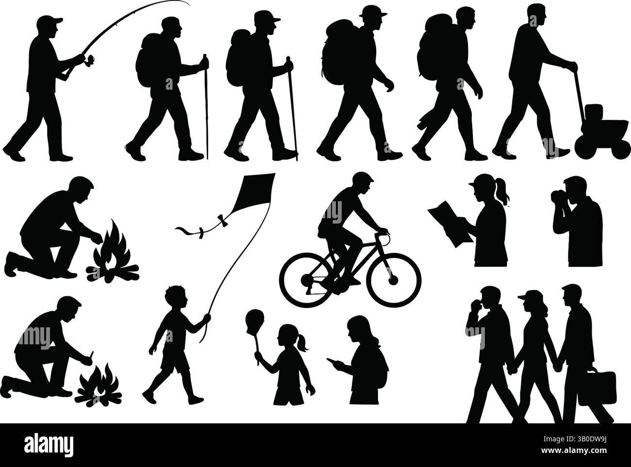 Attività all'aperto per famiglie silhouette Escursionismo Campeggio Vector Set Illustrazione Vettoriale