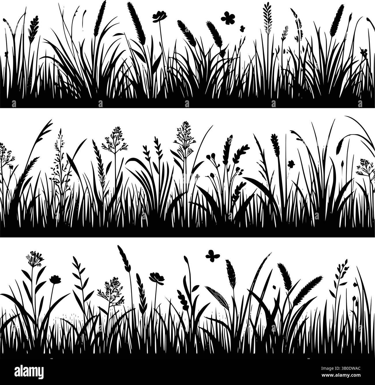 Grass Borders Nature Plant silhouette Seamless Vector Set Illustrazione Vettoriale