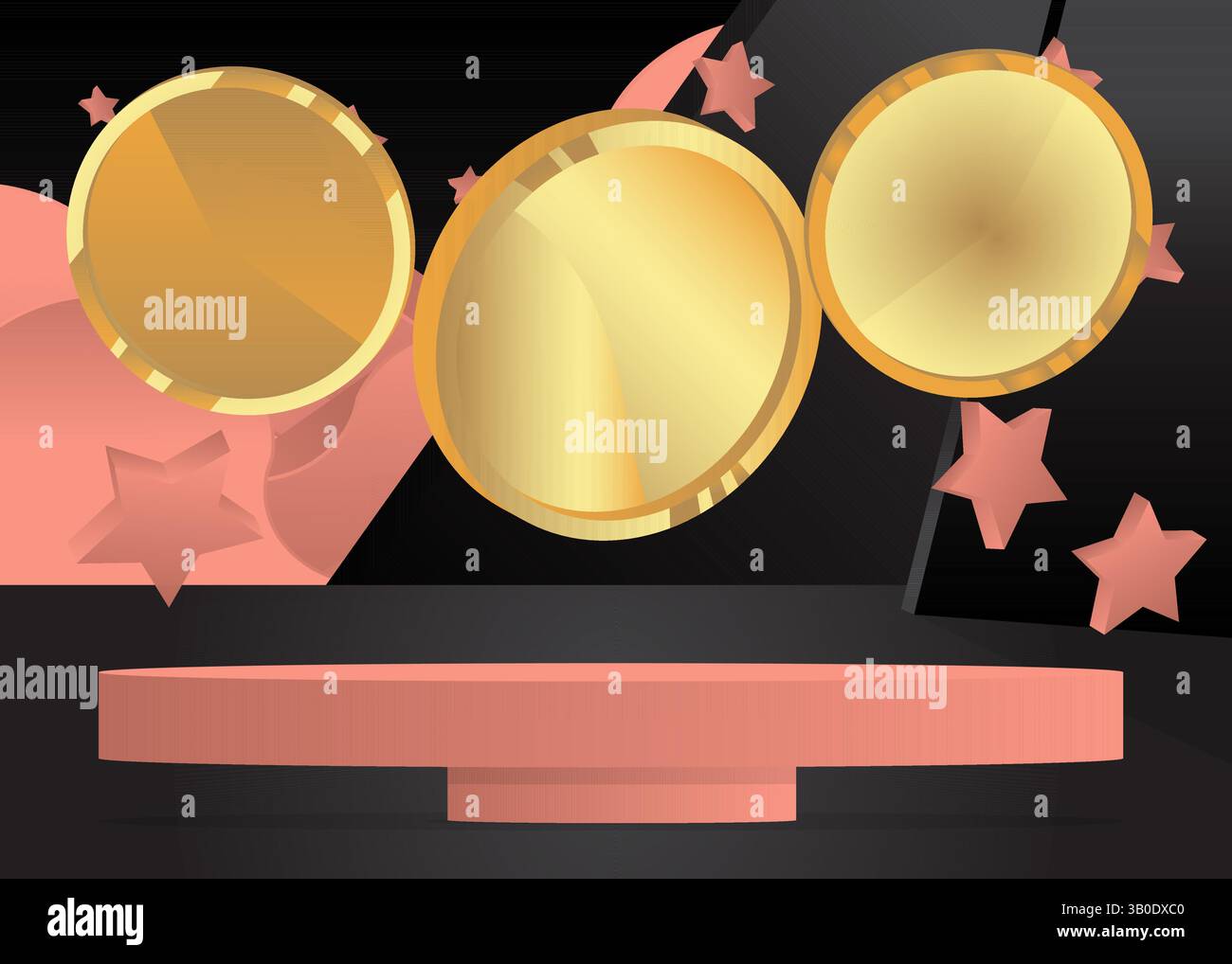 Espositore di mockup con moneta dorata. Podio del supporto del cilindro vettoriale. Vetrina per la presentazione. Forme geometriche minime. Illustrazione Vettoriale