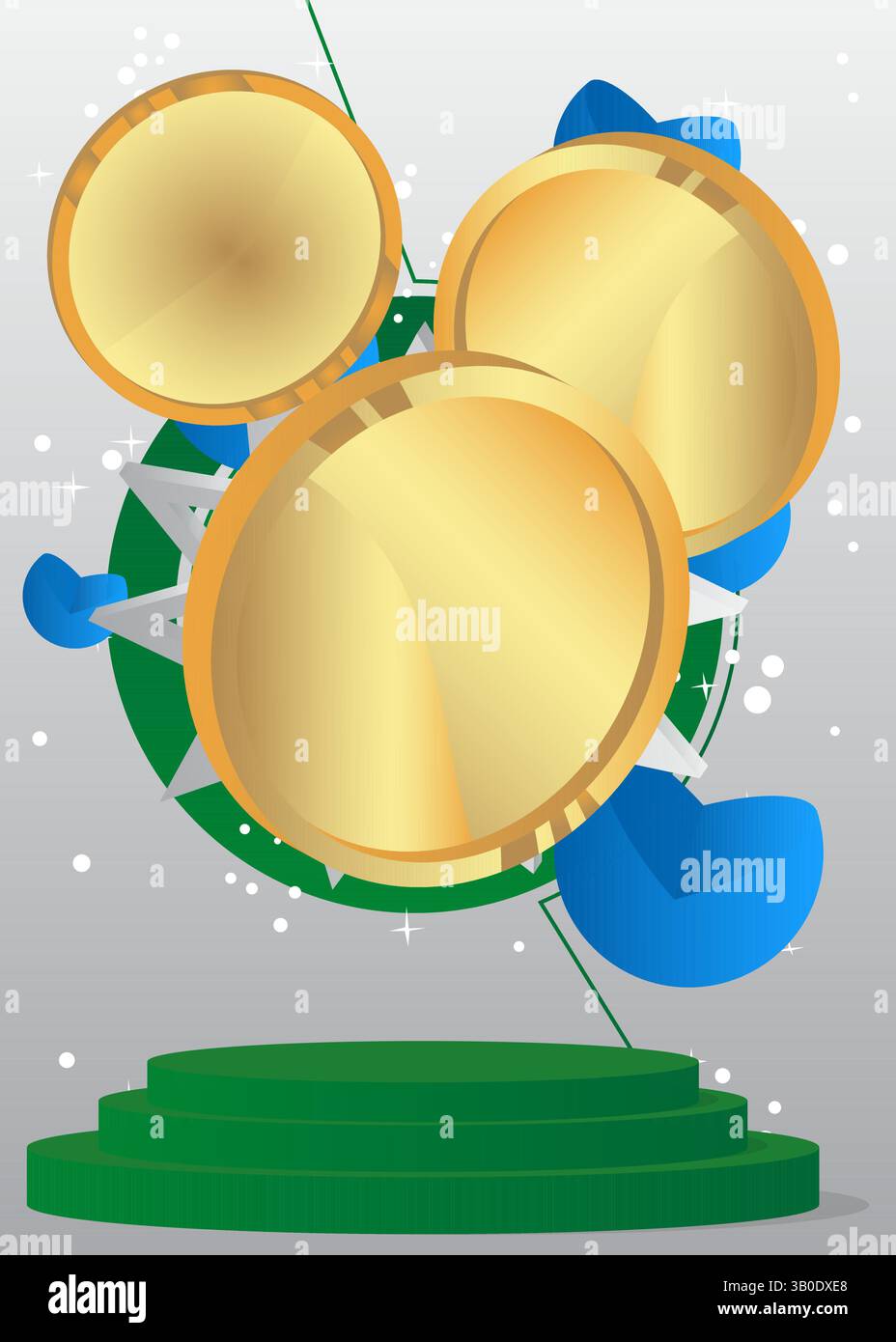 Espositore di mockup con moneta dorata. Podio del supporto del cilindro vettoriale. Vetrina per la presentazione. Forme geometriche minime. Illustrazione Vettoriale