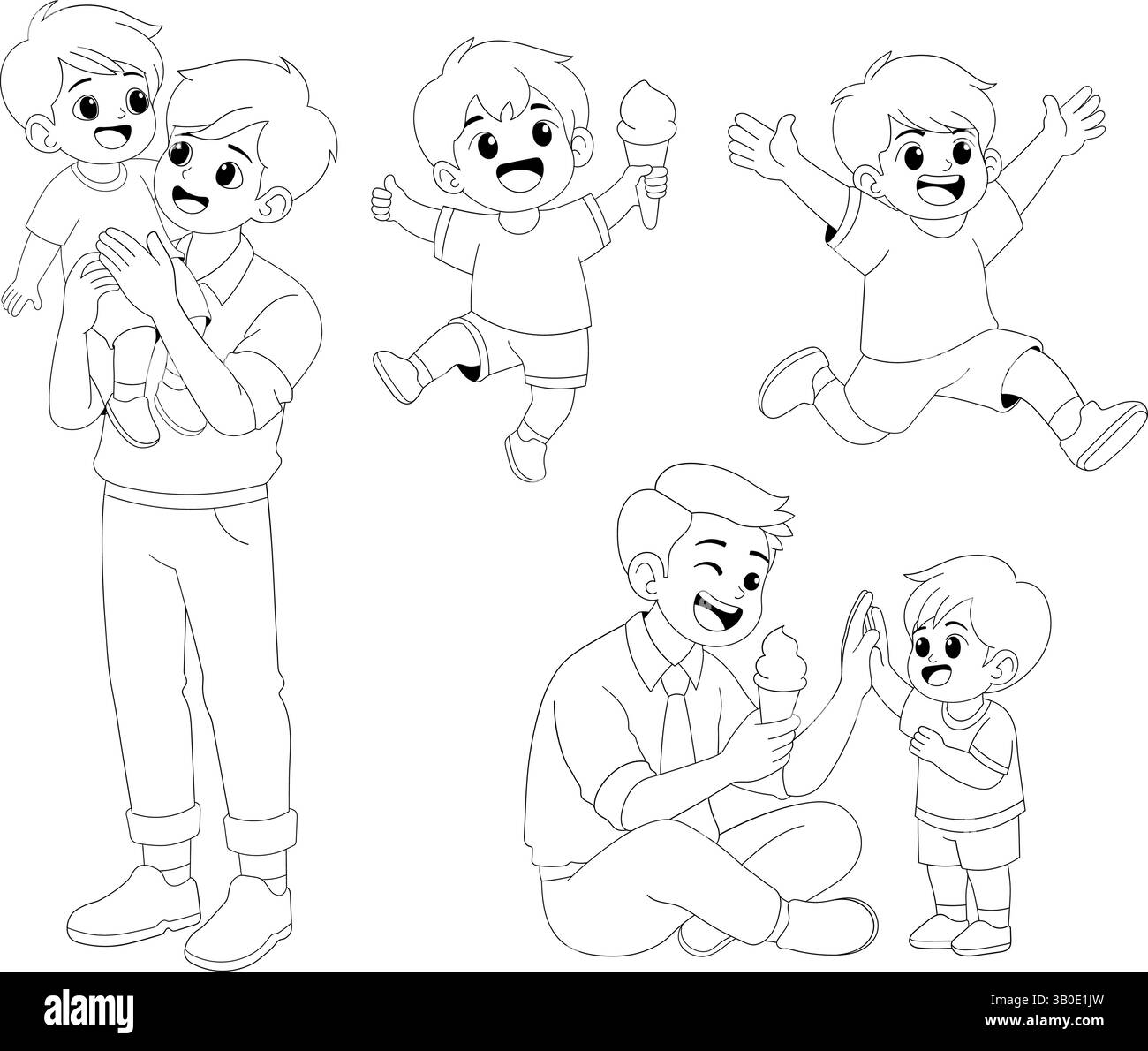 Set di illustrazioni in bianco e nero per un libro da colorare con momenti della Festa del papà. Include scene emozionanti di legame tra padre e figlio Illustrazione Vettoriale