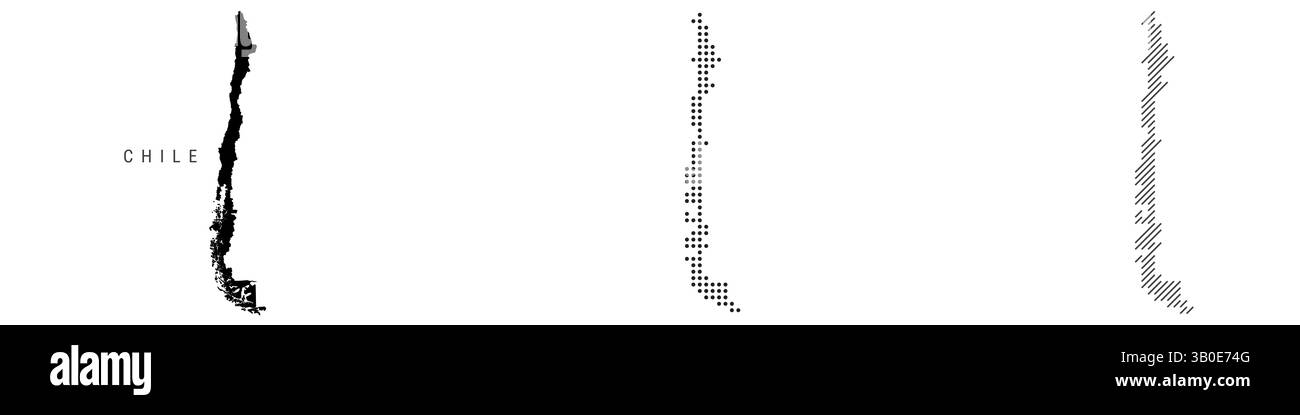 Mappa dettagliata della silhouette del Cile, motivo tratteggiato e motivo con linee parallele inclinate. Mappa stilizzata con texture cilena. illustrazione isolata su bianco. Foto Stock