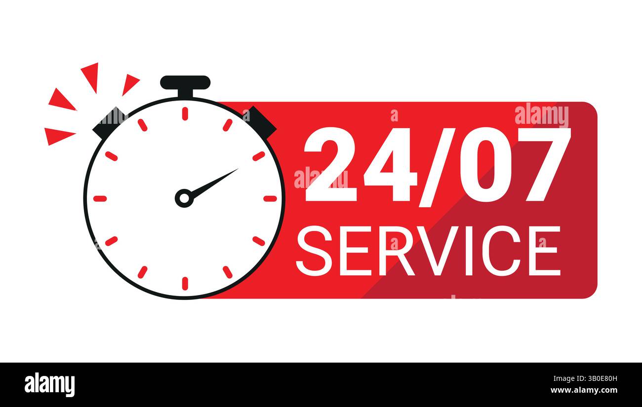 illustrazione vettoriale di un cronometro rosso e testo di servizio 24/7, che rappresenta supporto 24 ore su 24, servizi di emergenza, disponibilità Illustrazione Vettoriale