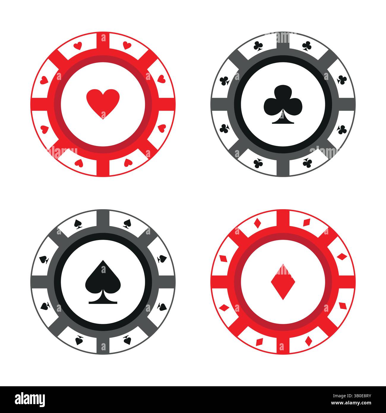 quattro patatine colorate da poker con simboli di cuore, club, vanga e diamanti, che rappresentano giochi da casinò, gioco d'azzardo, scommesse, fortuna e intrattenimento Illustrazione Vettoriale