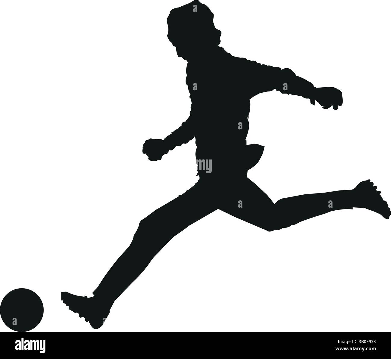 silhouette del calciatore che calcia una palla in movimento su sfondo bianco, mostrando azione sportiva, energia e movimento durante il gioco Illustrazione Vettoriale