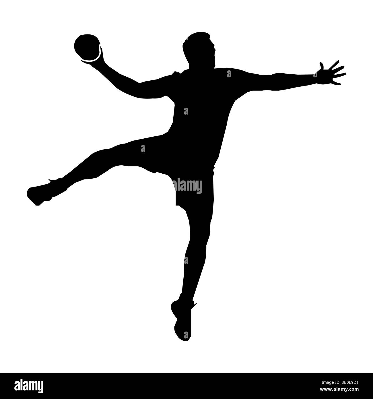 La silhouette nera di un giocatore di pallamano cattura a mezz'aria in una posa dinamica con un braccio teso che regge una palla, mostrata su uno sfondo bianco semplice Illustrazione Vettoriale