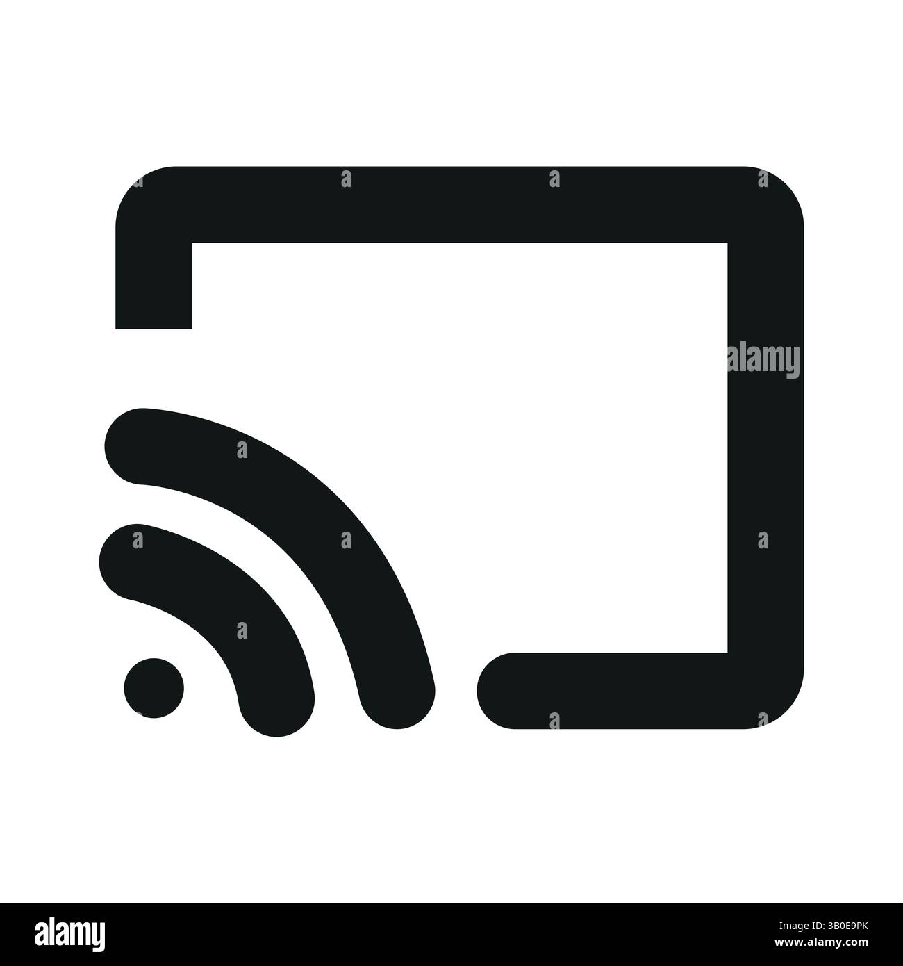 icona di diffusione dello schermo nero con linee di segnale wireless curve e simbolo del display quadrato su sfondo bianco, ideale per l'uso tecnologico o di connessione Illustrazione Vettoriale