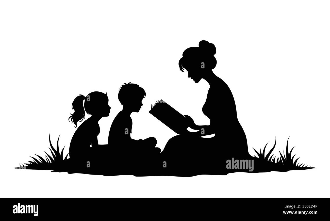 Madre che legge alla silhouette dei bambini – Storytime Bond, Family Love, Learning Moment Vector Art Illustrazione Vettoriale