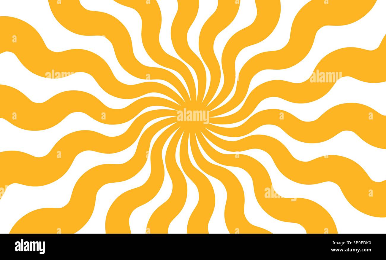 Sfondo dei raggi solari gialli. Raggi ondulati in stile gotico. Poster abstract Sun burst. Consistenza psichedelica. design anni '70, '80. Linee d'onda radiali. Vettore Illustrazione Vettoriale