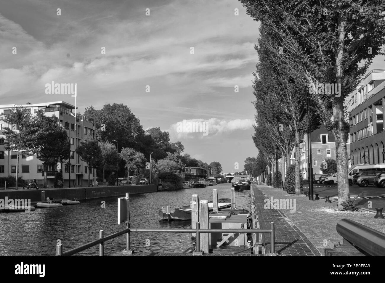 Un tranquillo canale cittadino con barche, fiancheggiato da alberi ed edifici, crea un'atmosfera classica e senza tempo nella sua resa in bianco e nero. Foto Stock