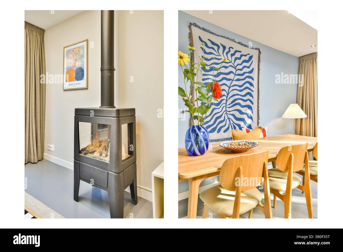 Uno spazio abitativo contemporaneo con un elegante caminetto e un'accogliente zona pranzo adornata da decorazioni colorate e fiori freschi. Foto Stock