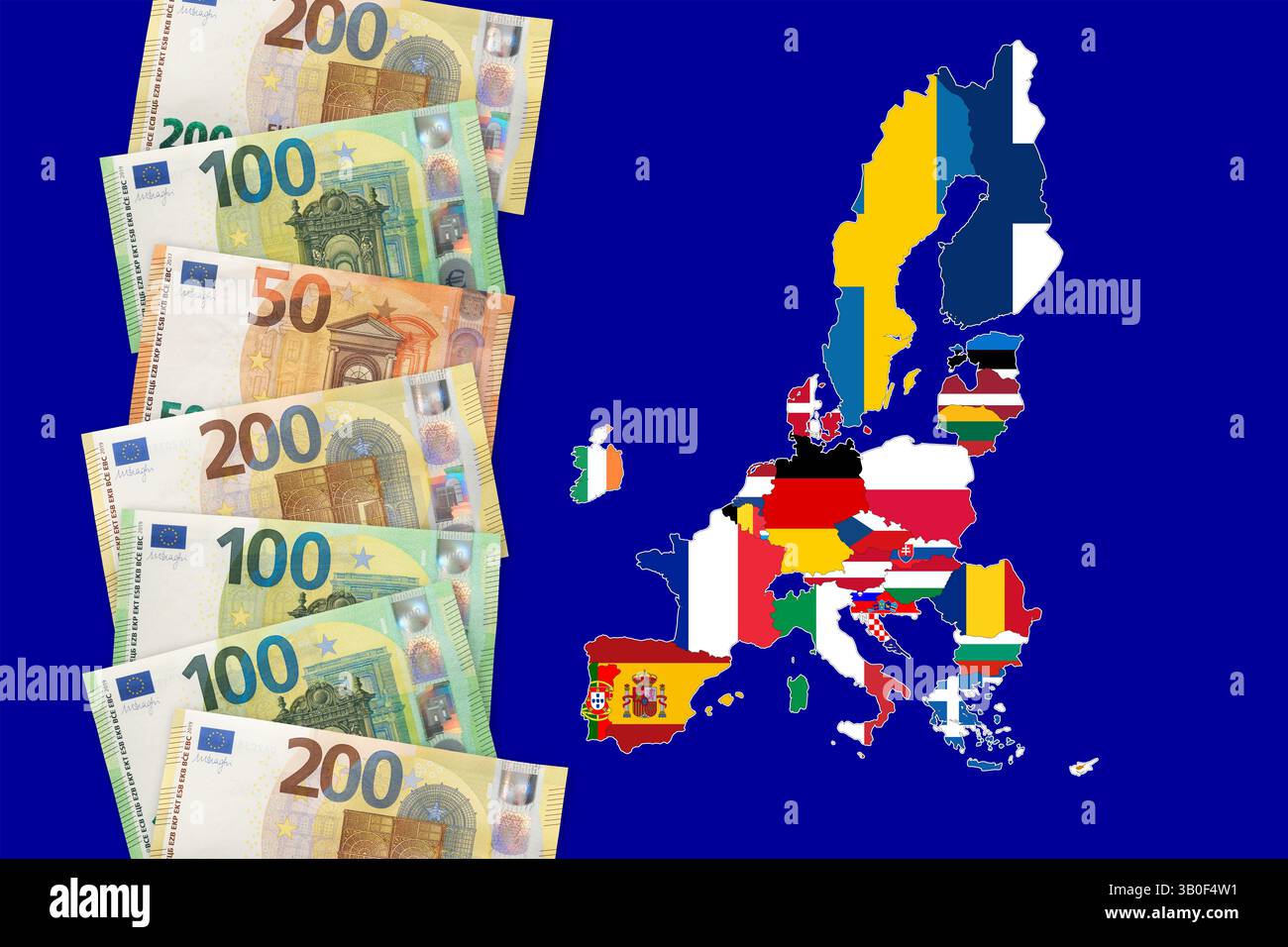 Banconote in euro sullo sfondo di una mappa delle bandiere dei membri dell'unione europea. L'euro è la moneta ufficiale dell'Unione europea Foto Stock