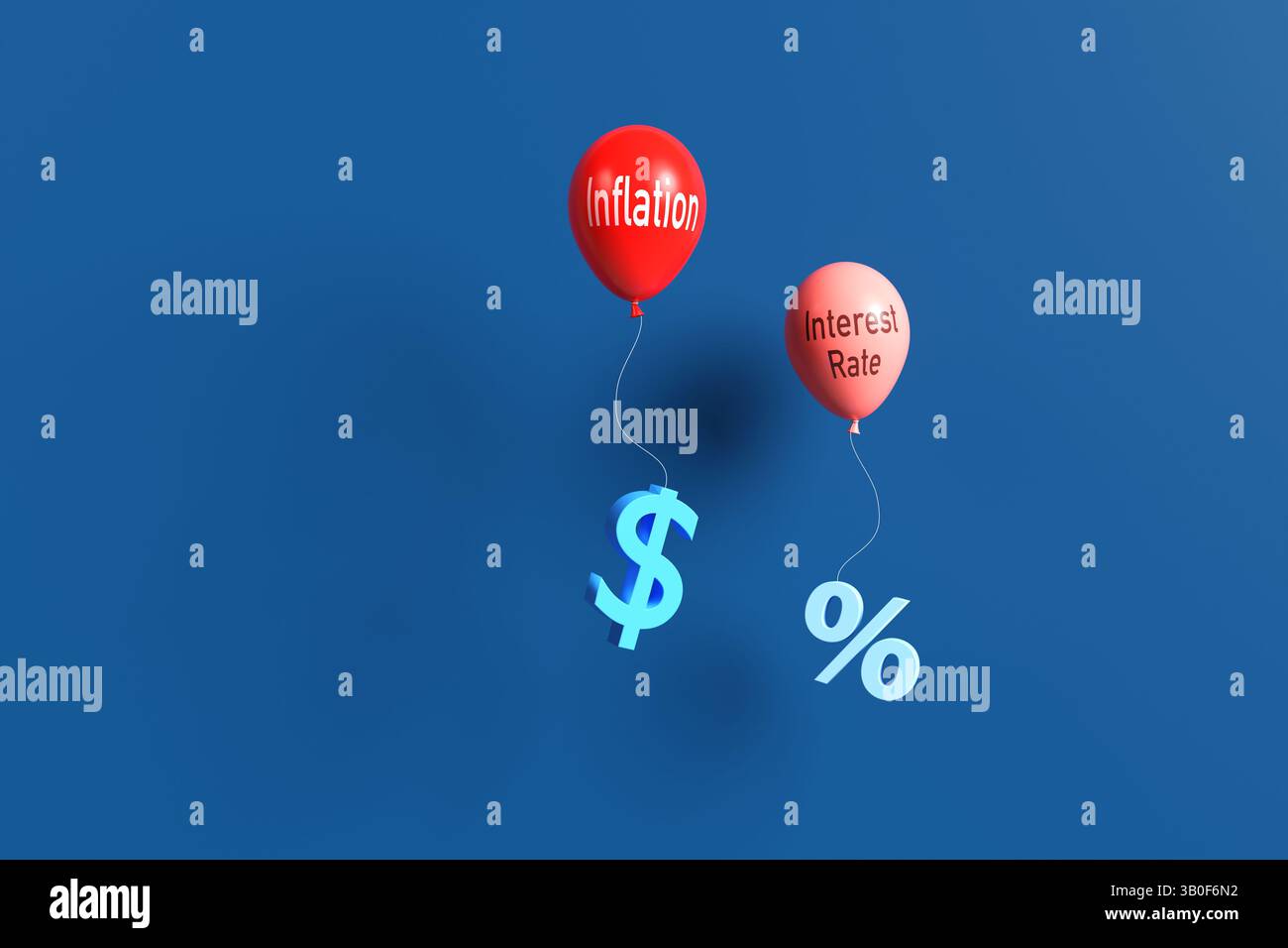 Palloncini rossi contrassegnati con la parola inflazione e tasso di interesse legato a un simbolo del dollaro e un segno di percentuale su sfondo blu Foto Stock